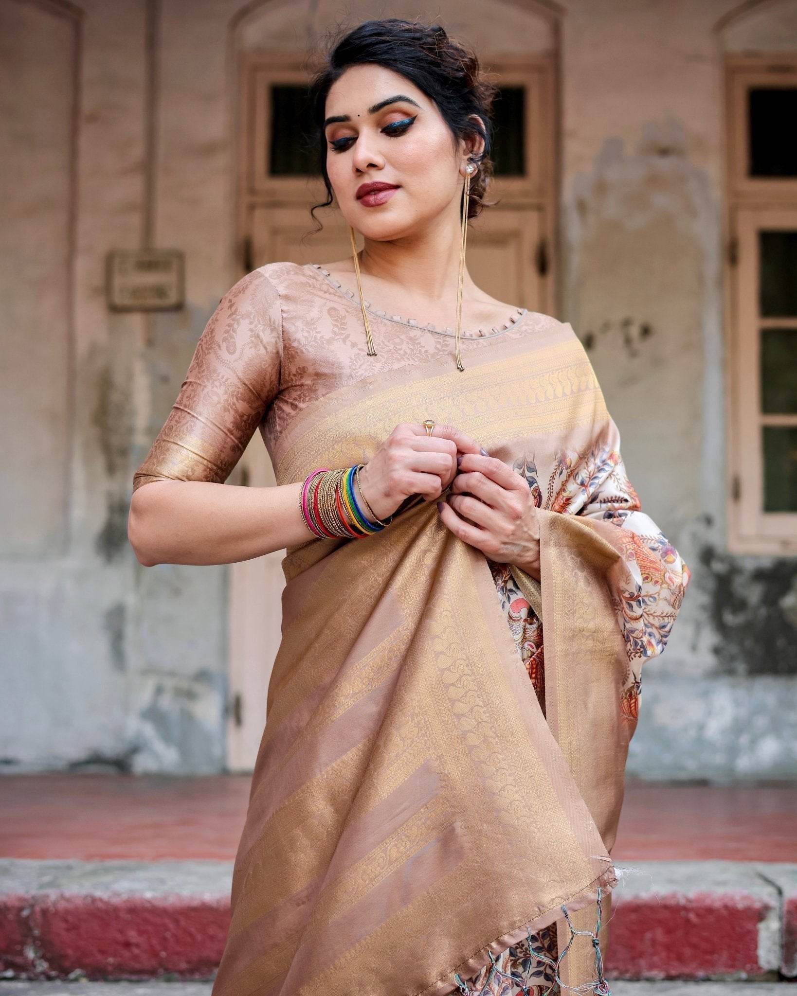 Elegant Beige Floral Banarasi Silk Saree with Zari Weave and Tassels - SEEANS
