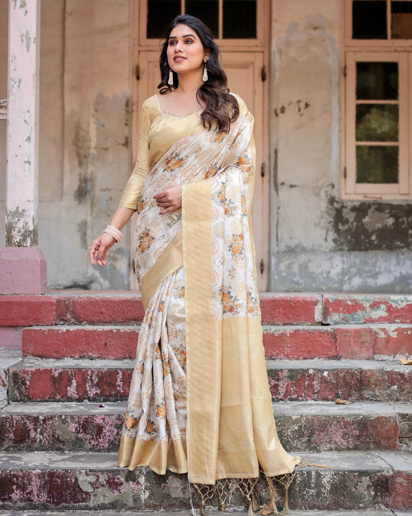Ivory and Gold Banarasi Silk Saree with Floral Print, Zari Border, and Tassels - SEEANS