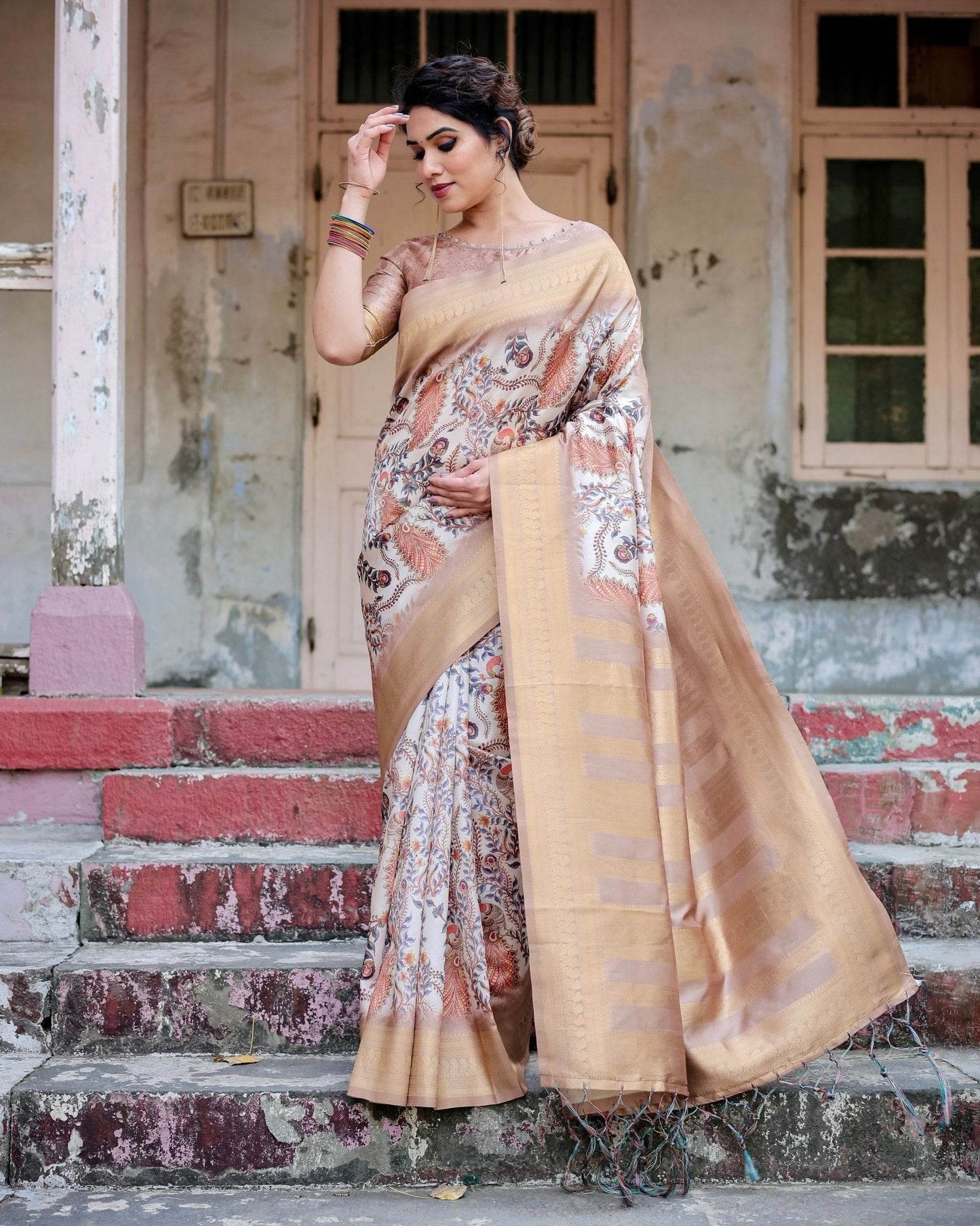 Elegant Beige Floral Banarasi Silk Saree with Zari Weave and Tassels - SEEANS