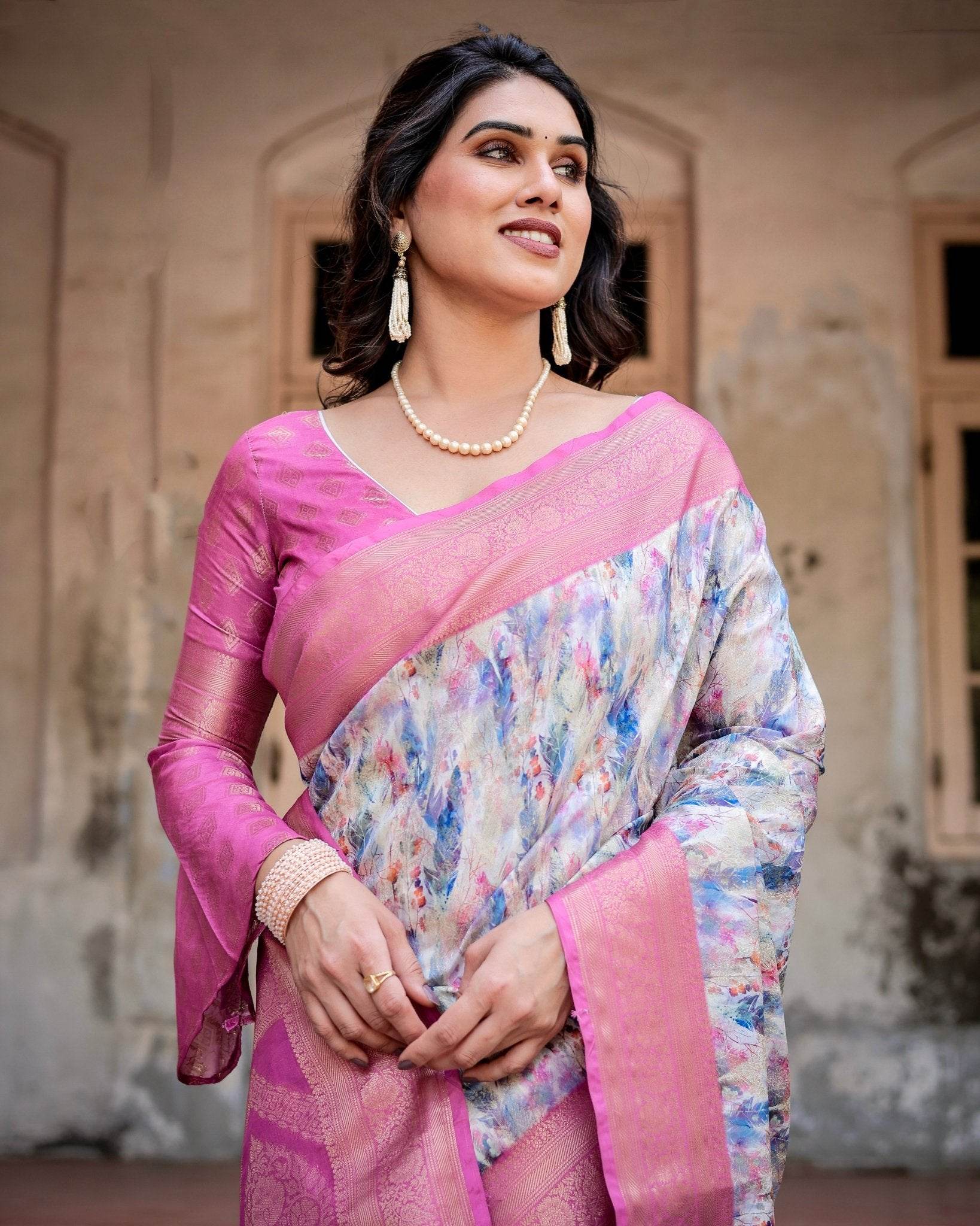 White and Pink Floral Digital Print Banarasi Silk Saree with Zari Weave and Tassel-Embellished Pallu - SEEANS