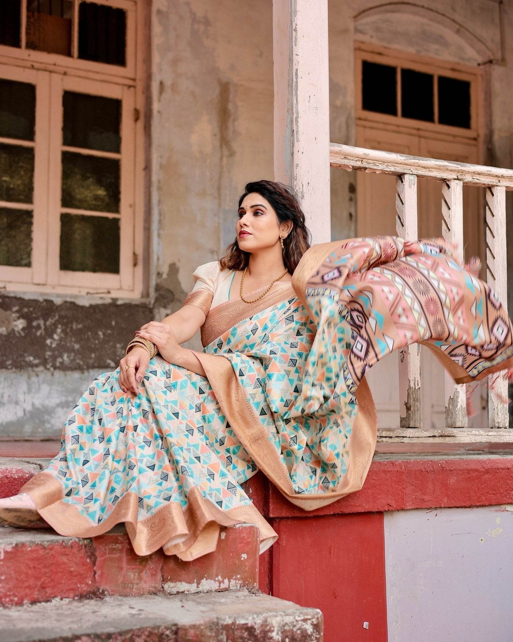 Contemporary Beige Tussar Silk Saree with Geometric Triangle Print and Golden Zari Border - SEEANS