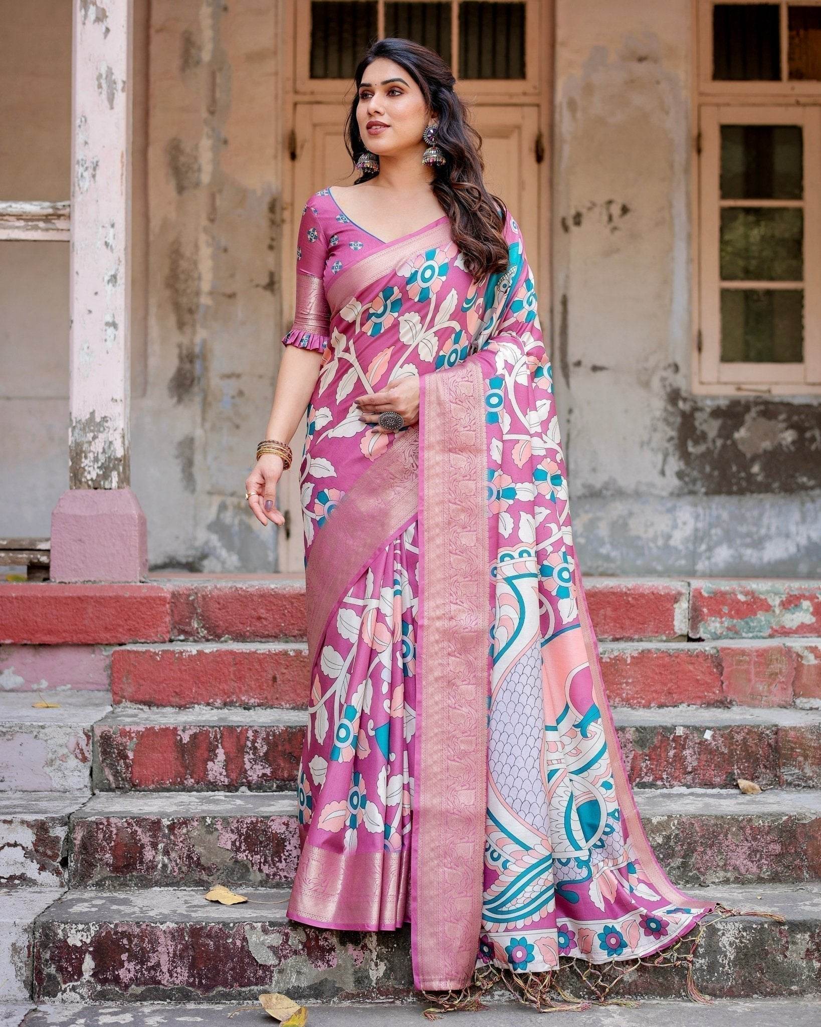 Blush Pink Tussar Silk Saree with Elegant Peacock and Floral Kalamkari Design - SEEANS