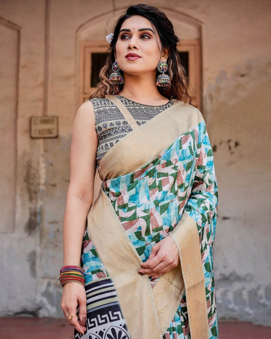 Contemporary Abstract Print Saree with Gold Border and Monochrome Patterned Pallu - SEEANS