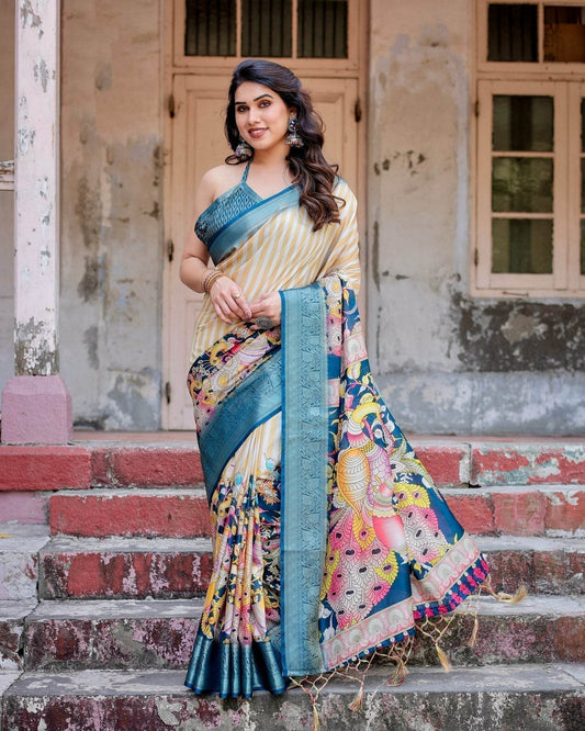 Beige & Teal Tussar Silk Saree with Intricate Kalamkari and Zari Border - SEEANS