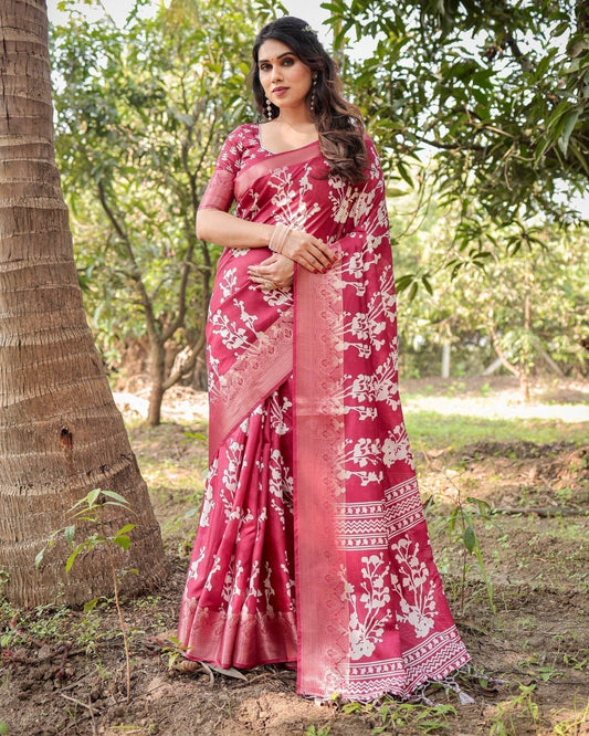 Maroon Tussar Silk Saree with White Floral Motifs, Intricate Zari Border, and Elegant Tassel Pallu - SEEANS