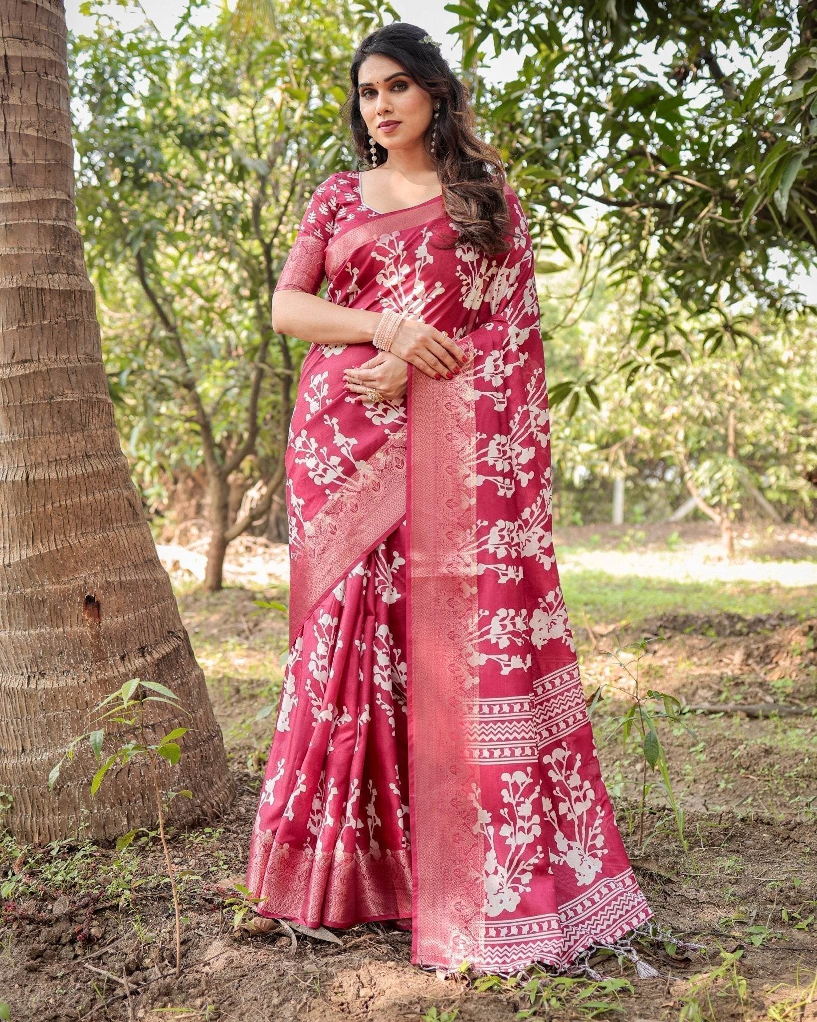 Maroon Tussar Silk Saree with White Floral Motifs, Intricate Zari Border, and Elegant Tassel Pallu - SEEANS