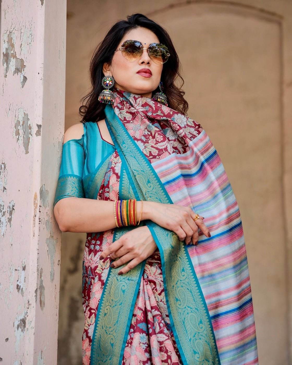 Maroon and Teal Tussar Silk Saree with Floral Zari Weave and Striped Pallu - SEEANS