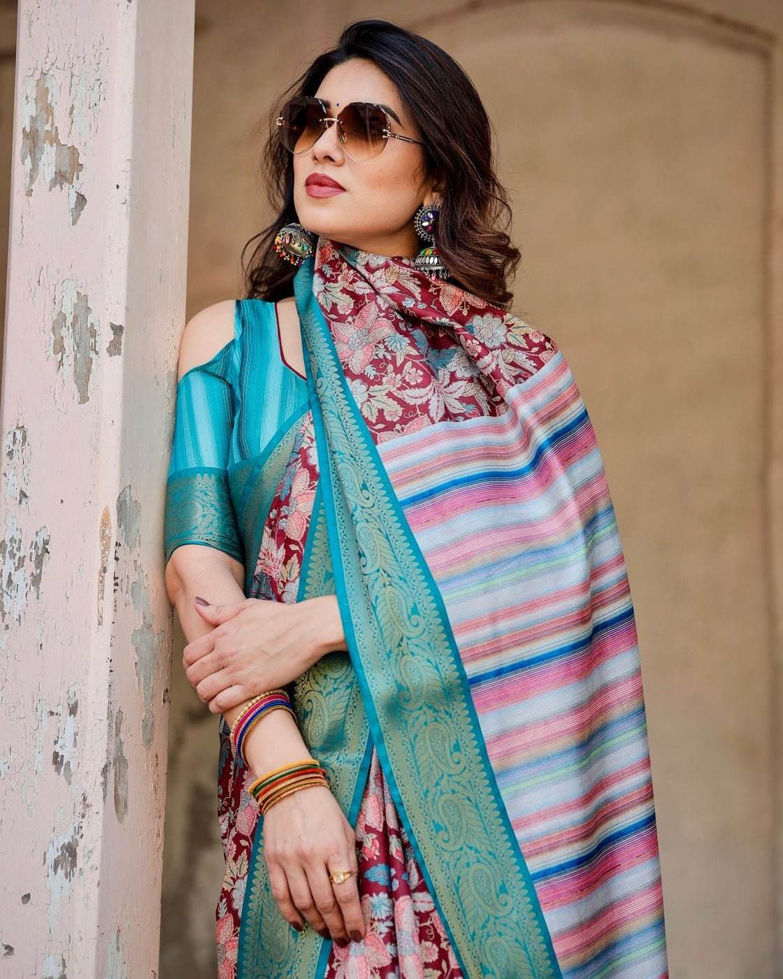 Maroon and Teal Tussar Silk Saree with Floral Zari Weave and Striped Pallu - SEEANS