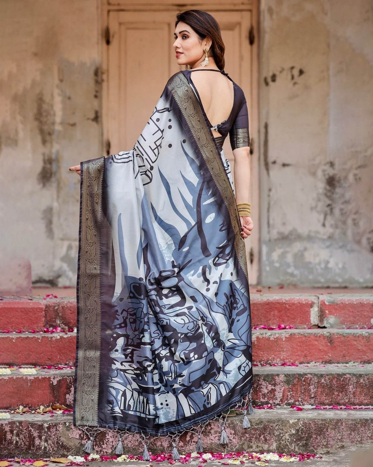 Monochrome Abstract Tussar Silk Saree with Charcoal Gray Zari Border - SEEANS