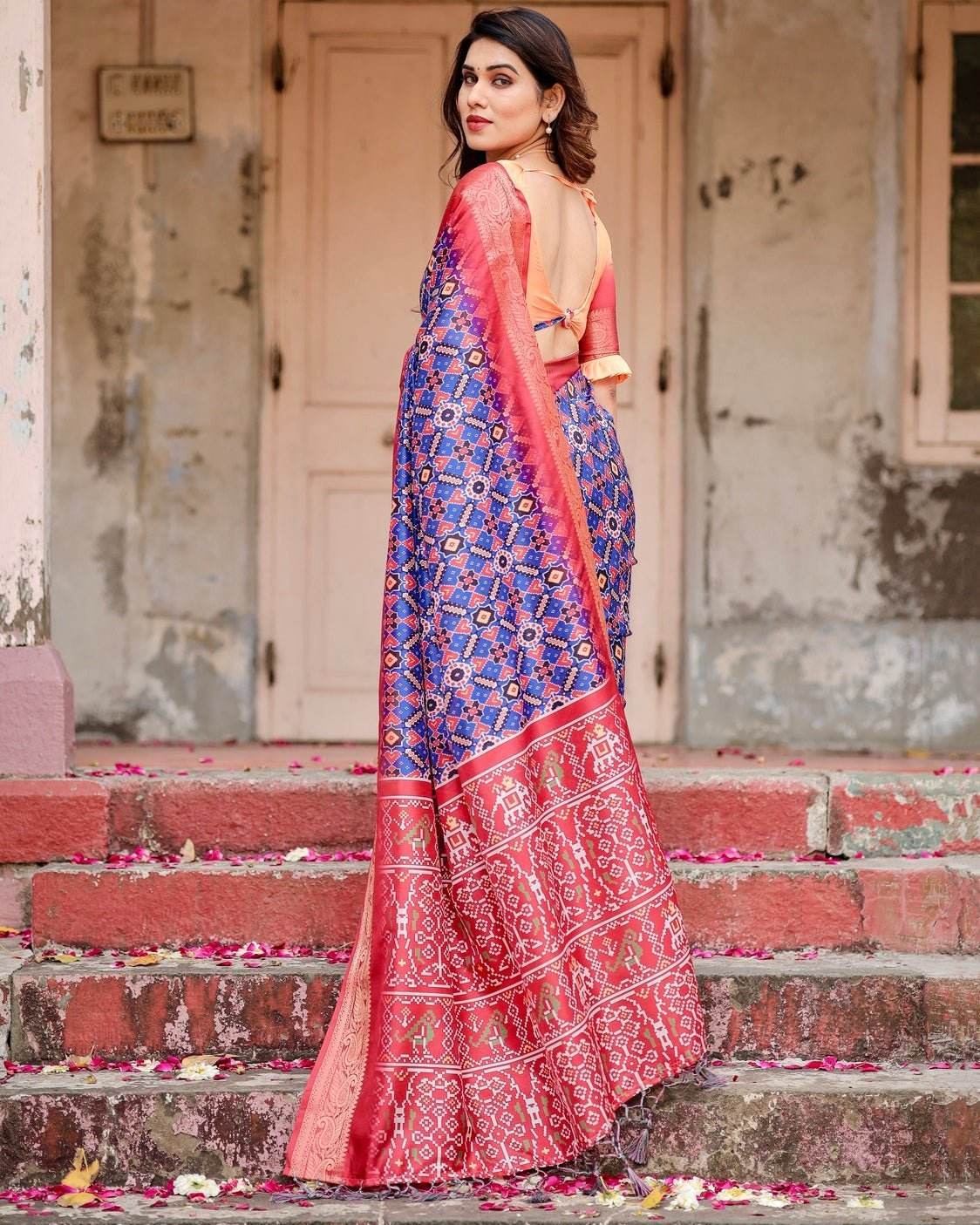 Royal Blue and Red Tussar Silk Saree with Geometric Patterns and Ornate Zari Border - SEEANS