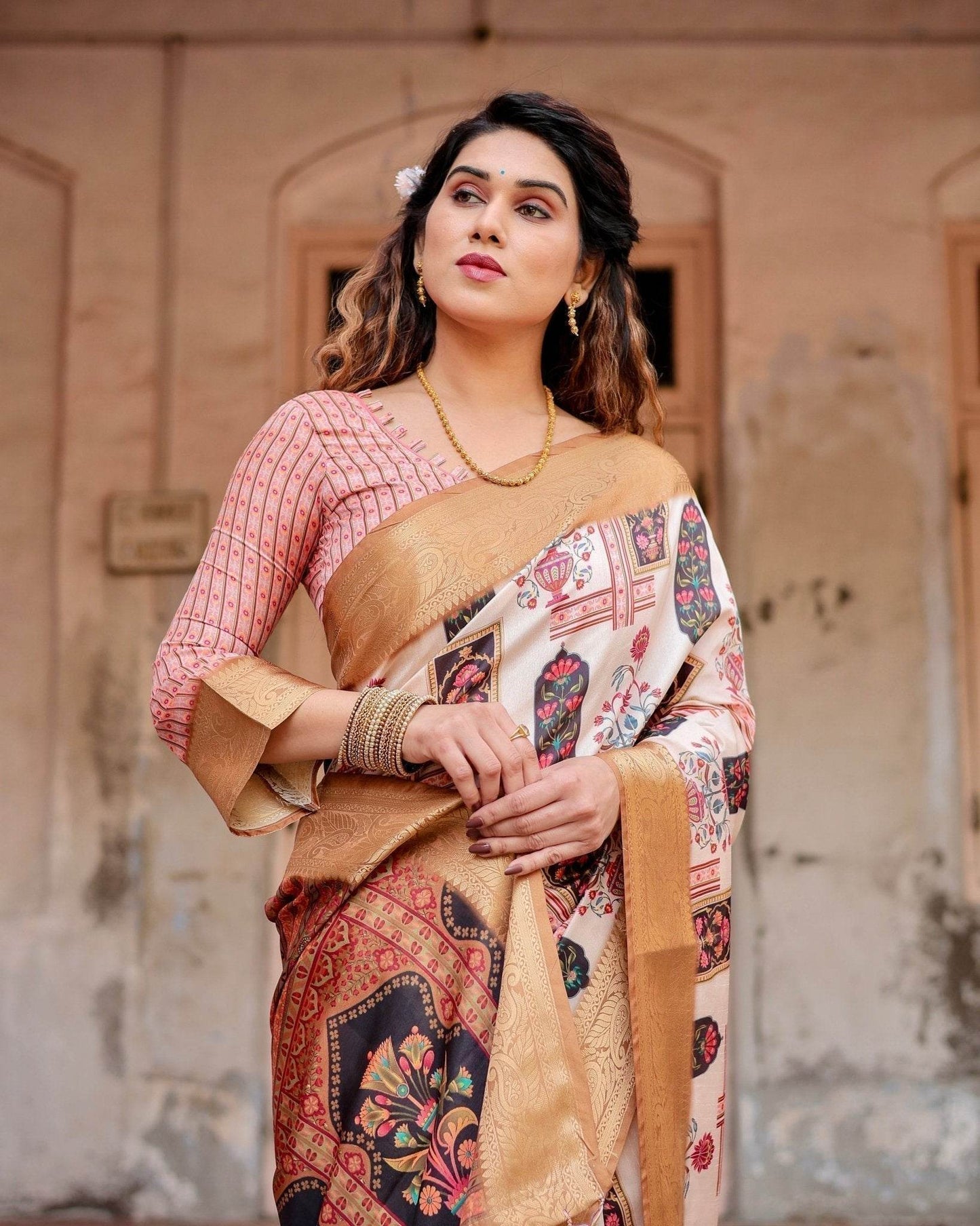Ivory Tussar Silk Saree with Artistic Floral Motifs and Gleaming Golden Zari Border - SEEANS