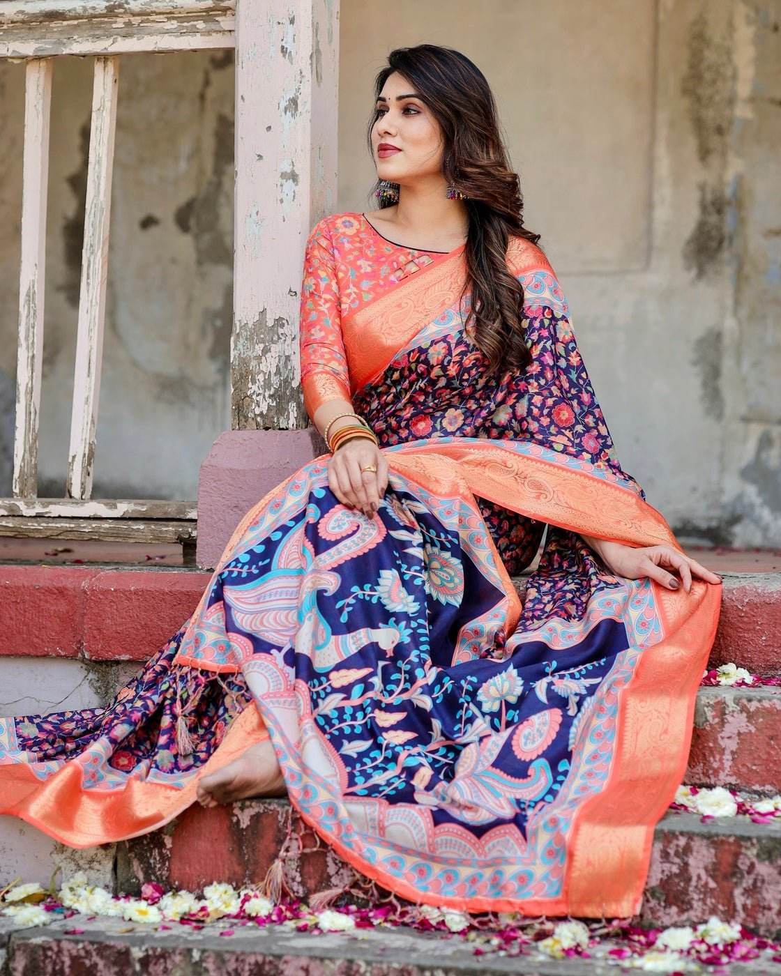 Navy Blue and Peach Tussar Silk Saree with Peacock Motifs and Floral Zari Border - SEEANS