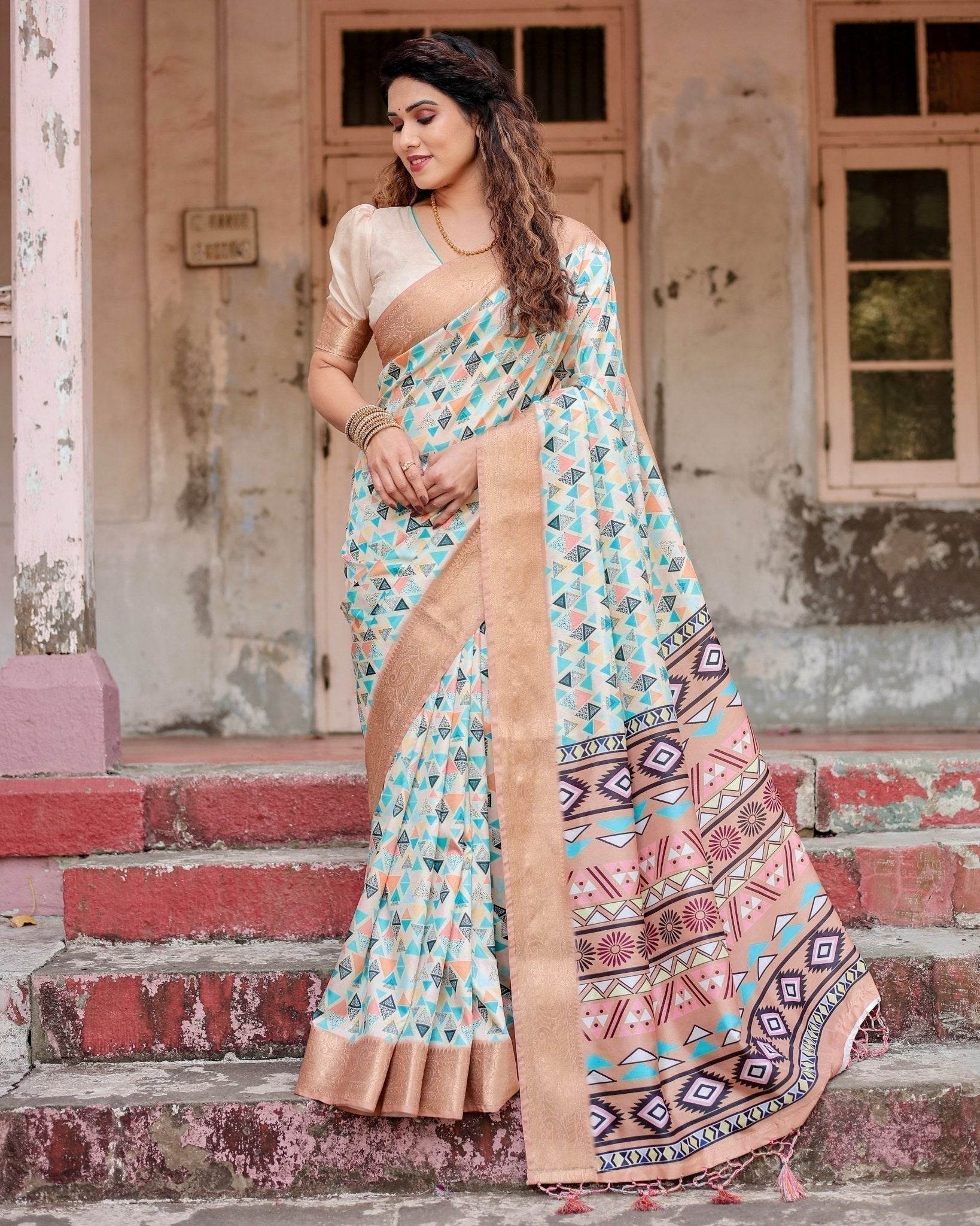 Contemporary Beige Tussar Silk Saree with Geometric Triangle Print and Golden Zari Border - SEEANS