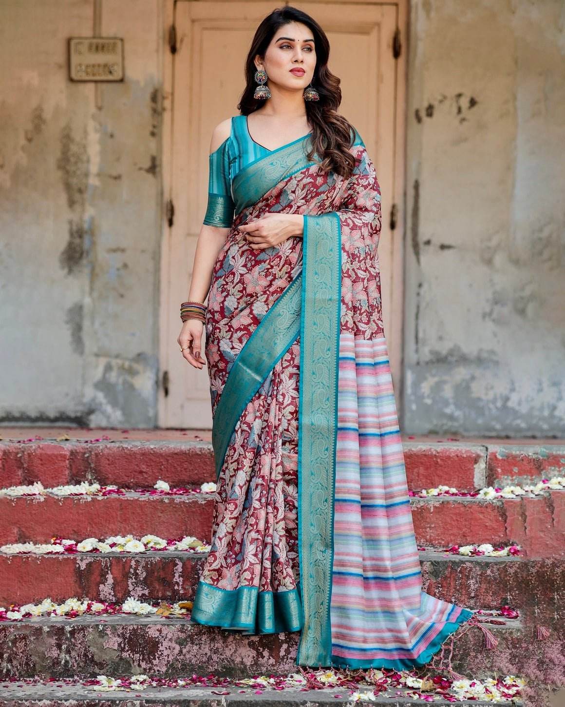 Maroon and Teal Tussar Silk Saree with Floral Zari Weave and Striped Pallu - SEEANS