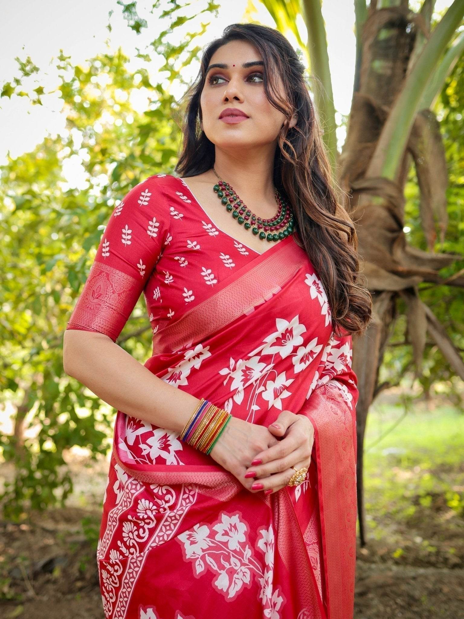 Graceful Red Tussar Silk Saree with White Floral Design and Zari Border - SEEANS