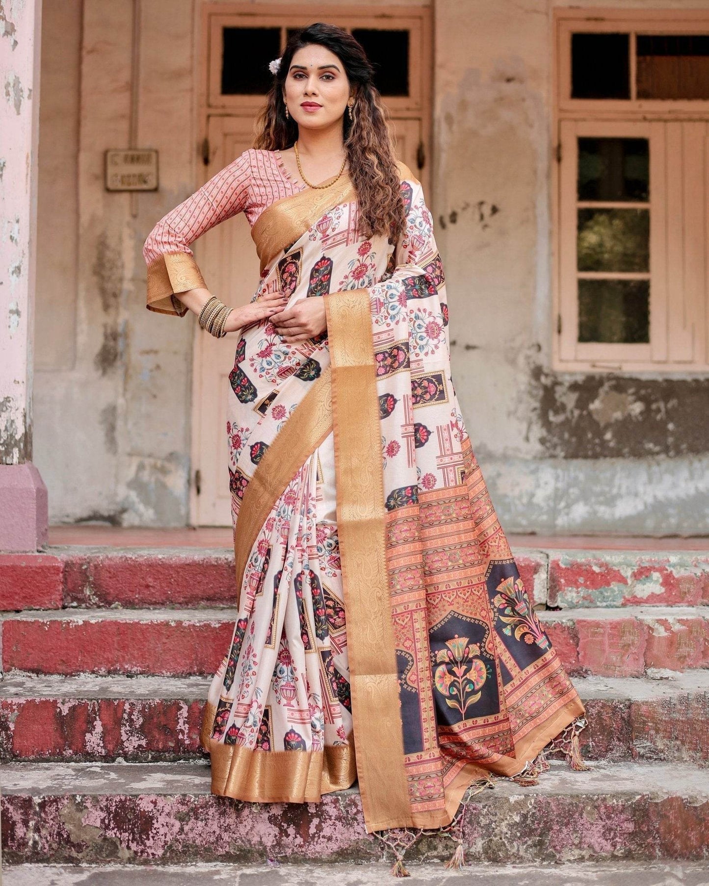 Ivory Tussar Silk Saree with Artistic Floral Motifs and Gleaming Golden Zari Border - SEEANS