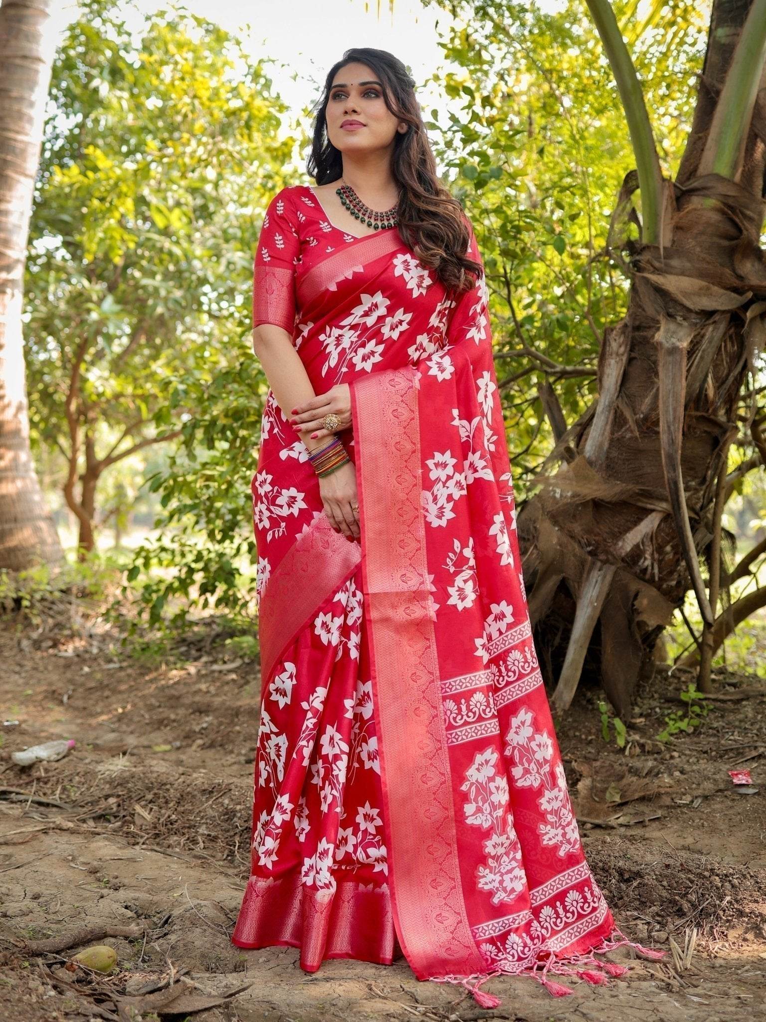 Graceful Red Tussar Silk Saree with White Floral Design and Zari Border - SEEANS