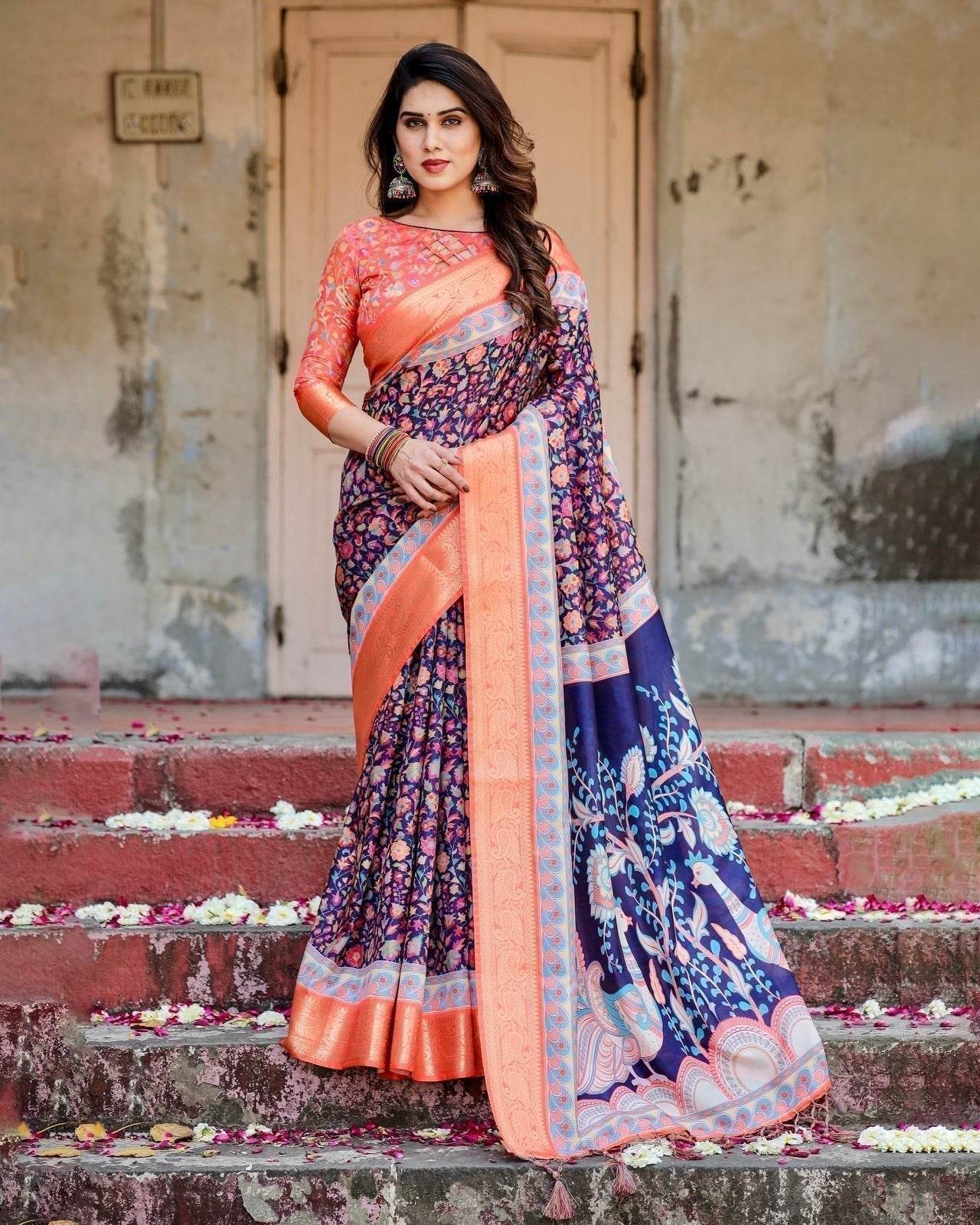 Navy Blue and Peach Tussar Silk Saree with Peacock Motifs and Floral Zari Border - SEEANS