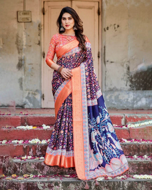 Navy Blue and Peach Tussar Silk Saree with Peacock Motifs and Floral Zari Border - SEEANS