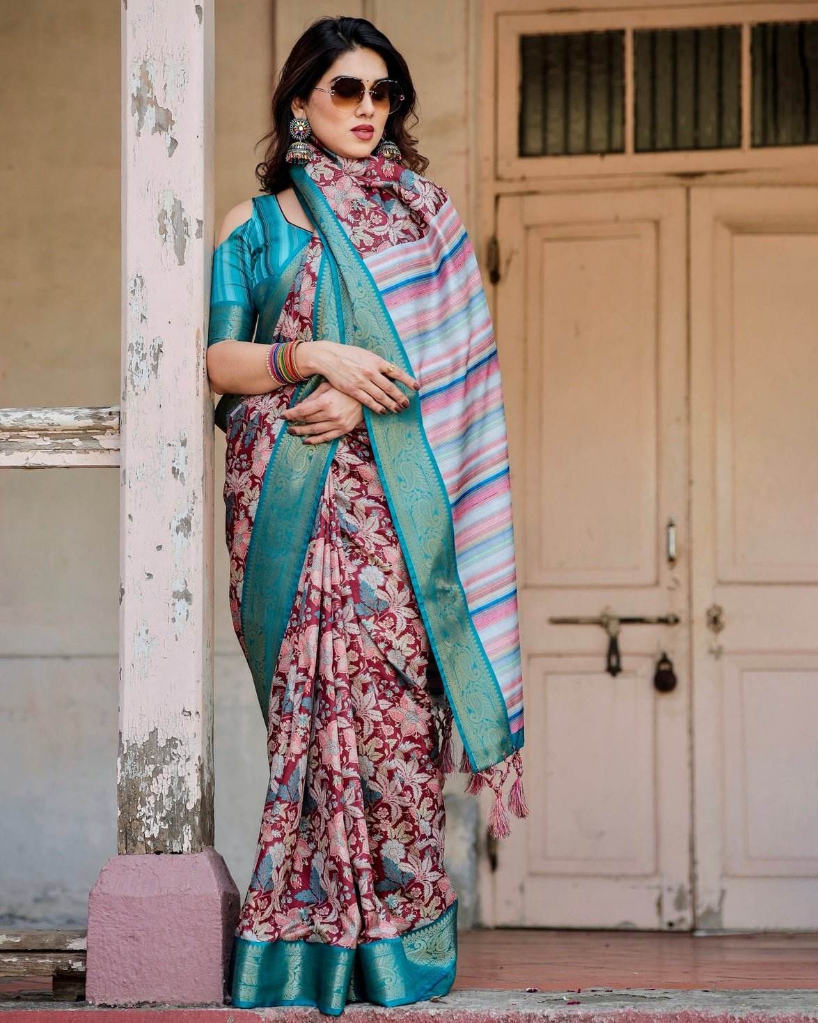 Maroon and Teal Tussar Silk Saree with Floral Zari Weave and Striped Pallu - SEEANS