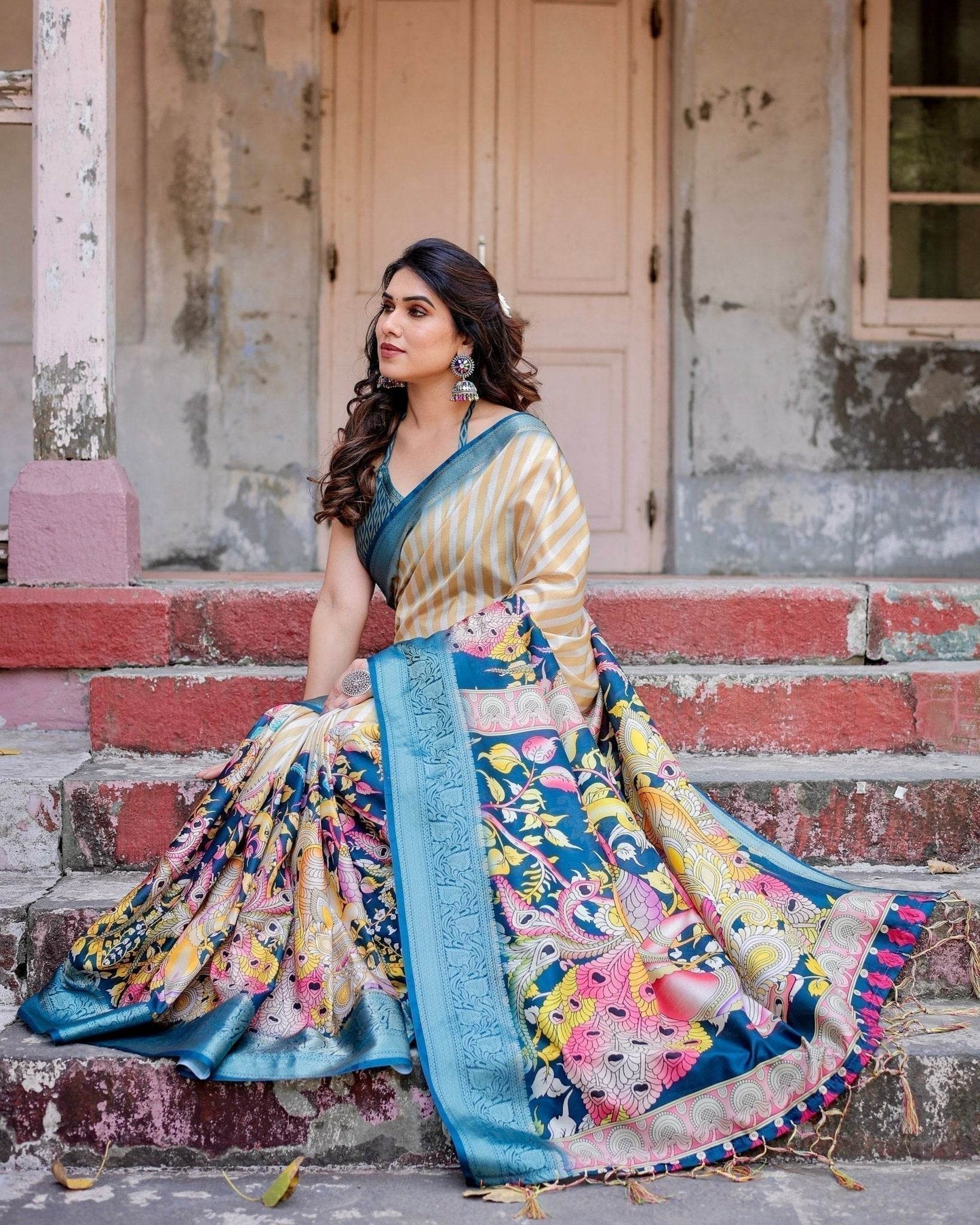 Beige & Teal Tussar Silk Saree with Intricate Kalamkari and Zari Border - SEEANS