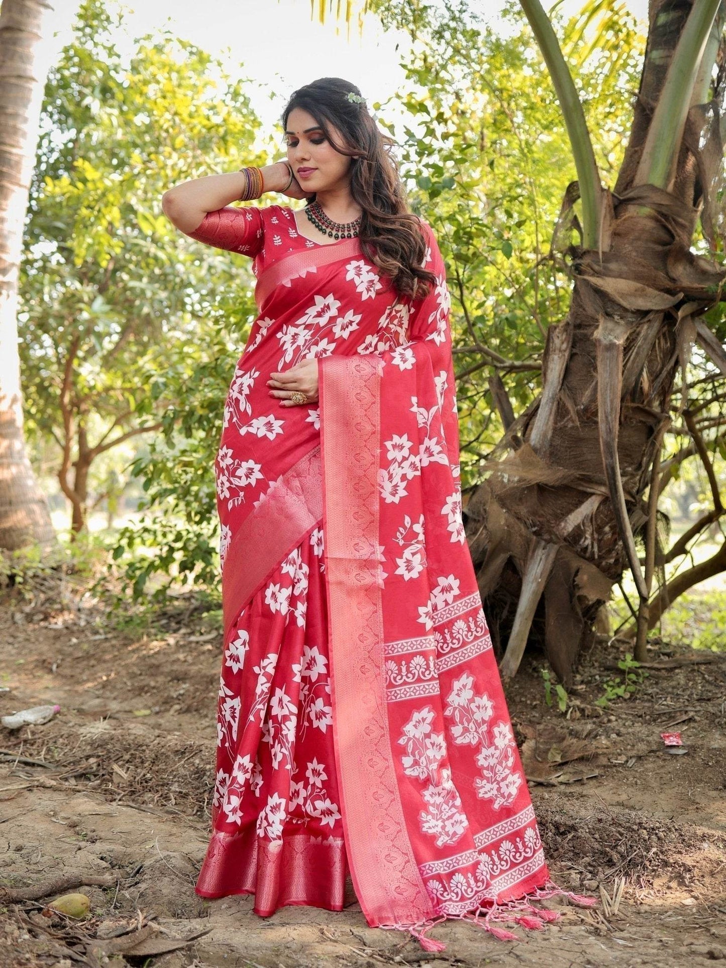 Graceful Red Tussar Silk Saree with White Floral Design and Zari Border - SEEANS