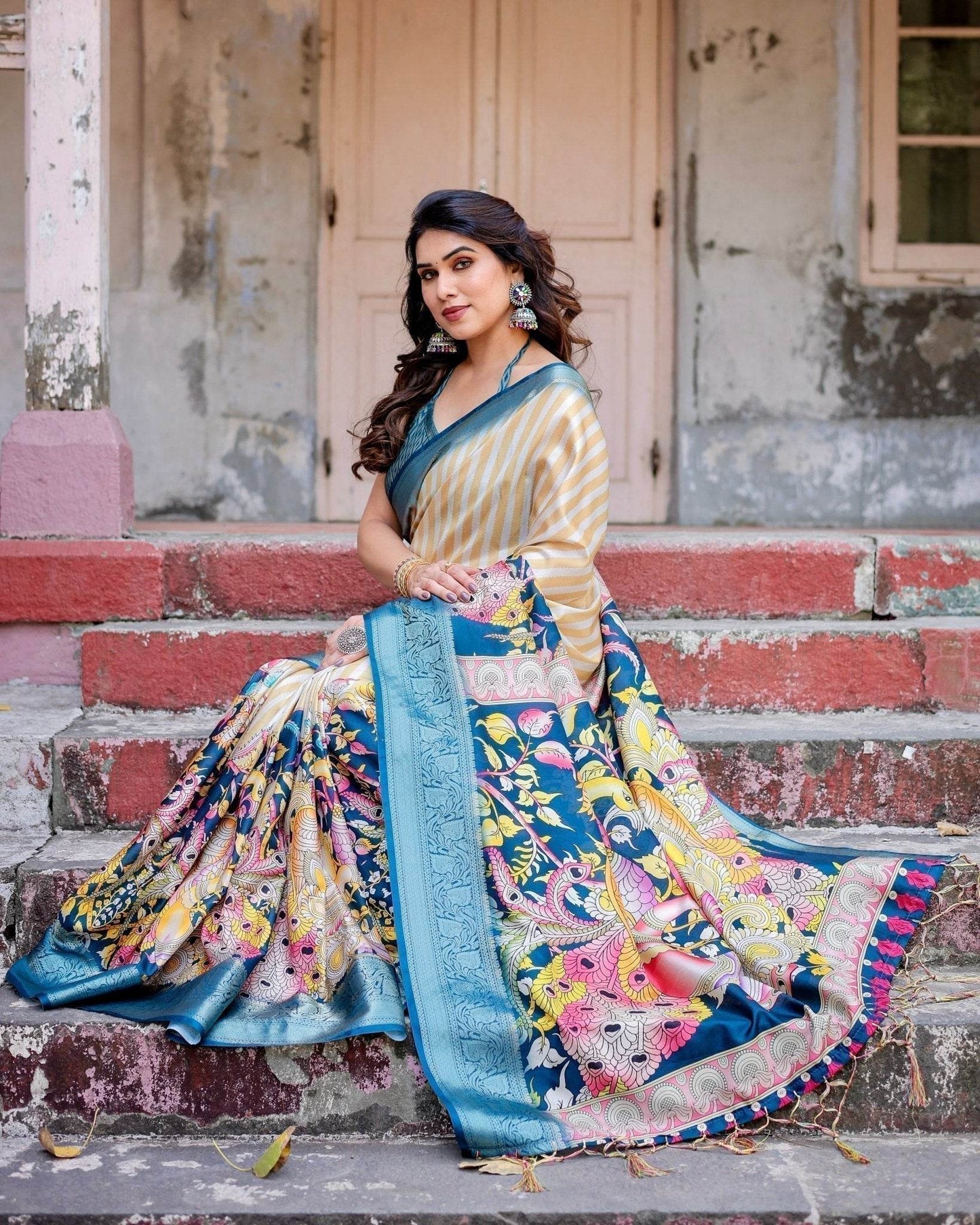 Beige & Teal Tussar Silk Saree with Intricate Kalamkari and Zari Border - SEEANS
