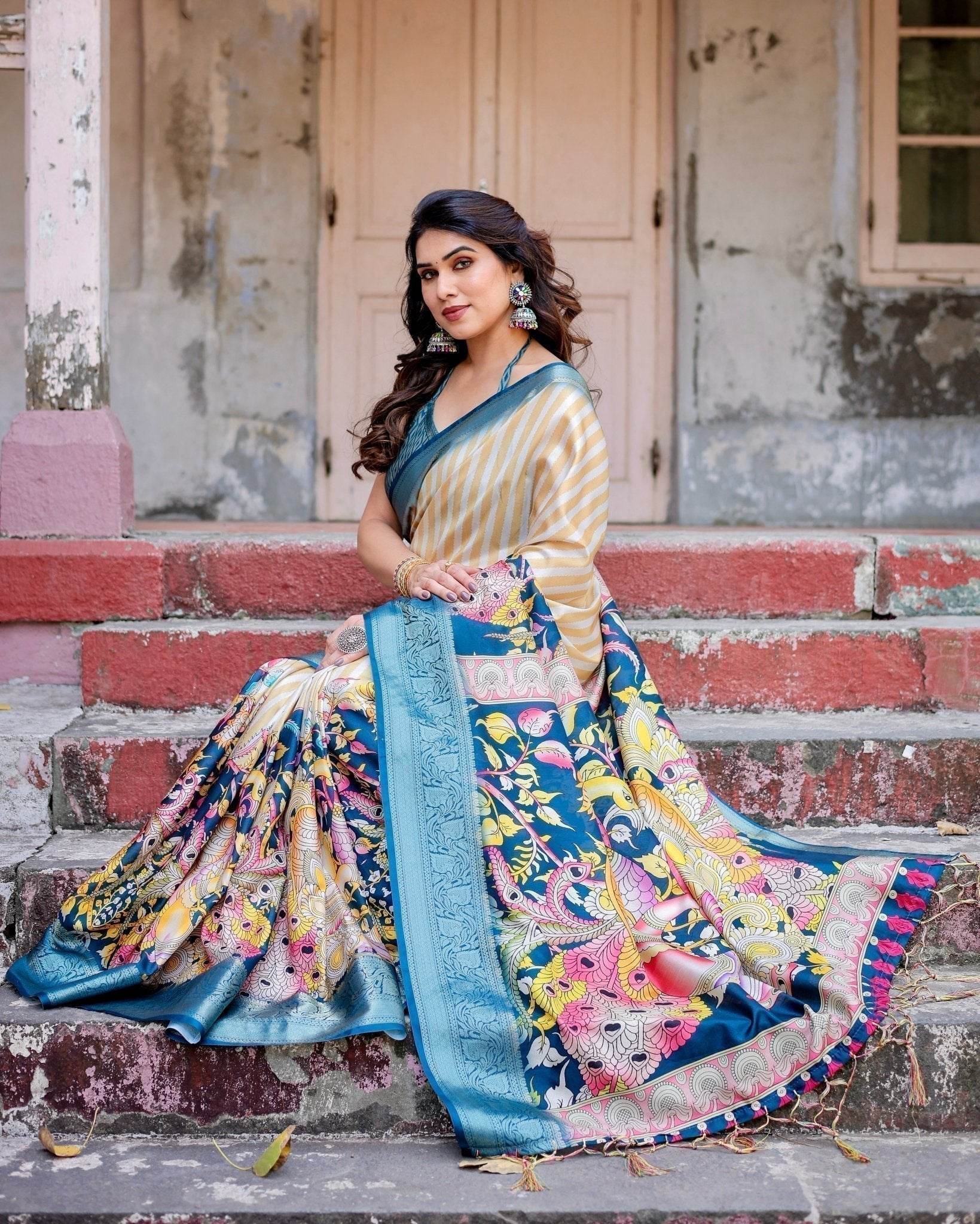 Beige & Teal Tussar Silk Saree with Intricate Kalamkari and Zari Border - SEEANS