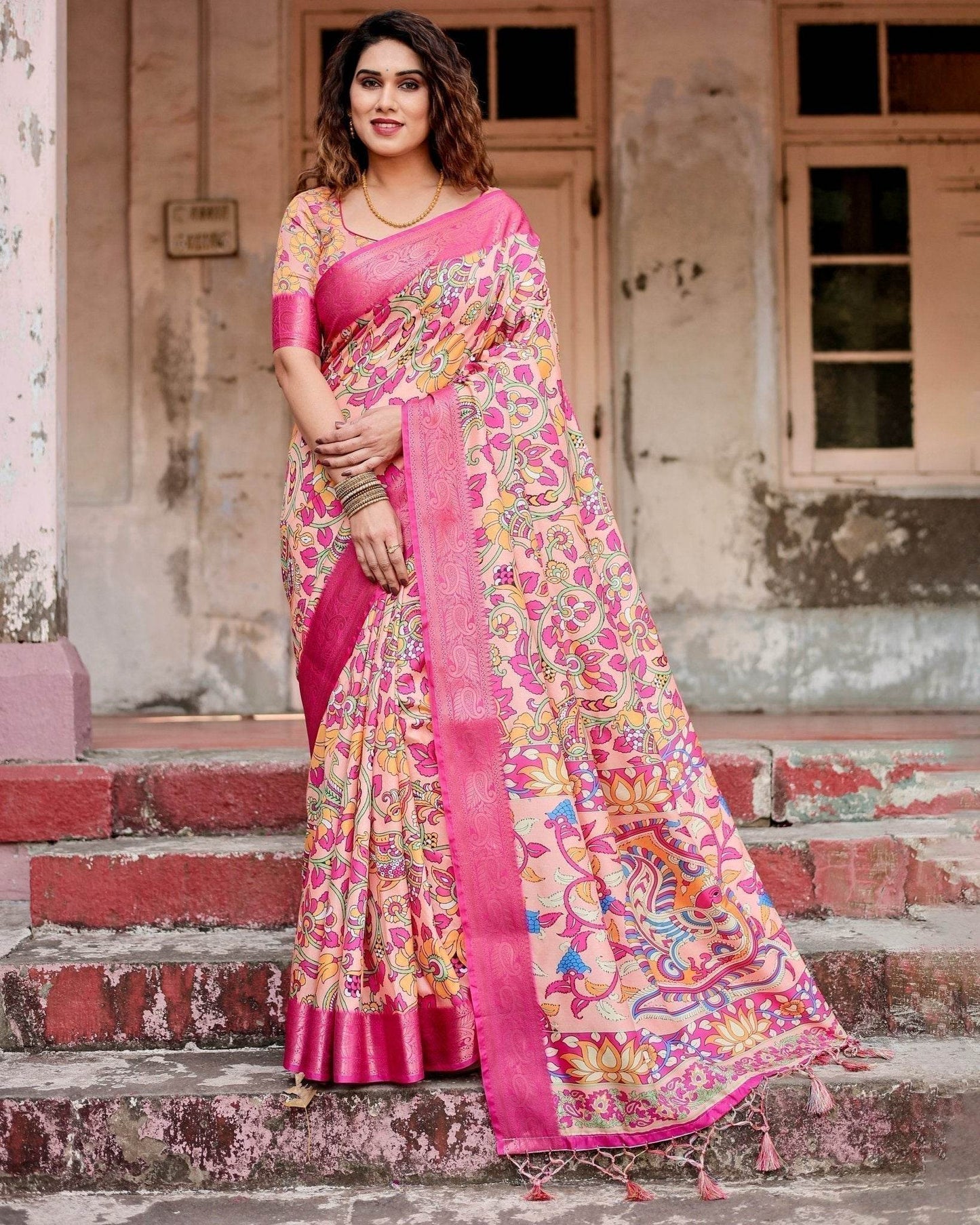 Peach and Fuchsia Floral Digital Print Tussar Silk Saree with Zari Border and Paisley Pallu - SEEANS