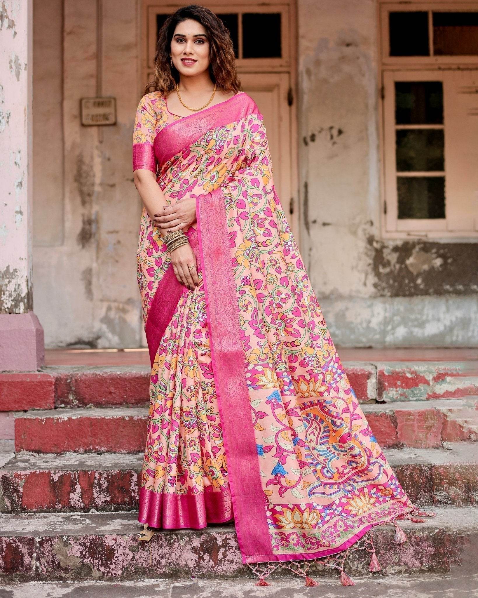 Peach and Fuchsia Floral Digital Print Tussar Silk Saree with Zari Border and Paisley Pallu - SEEANS