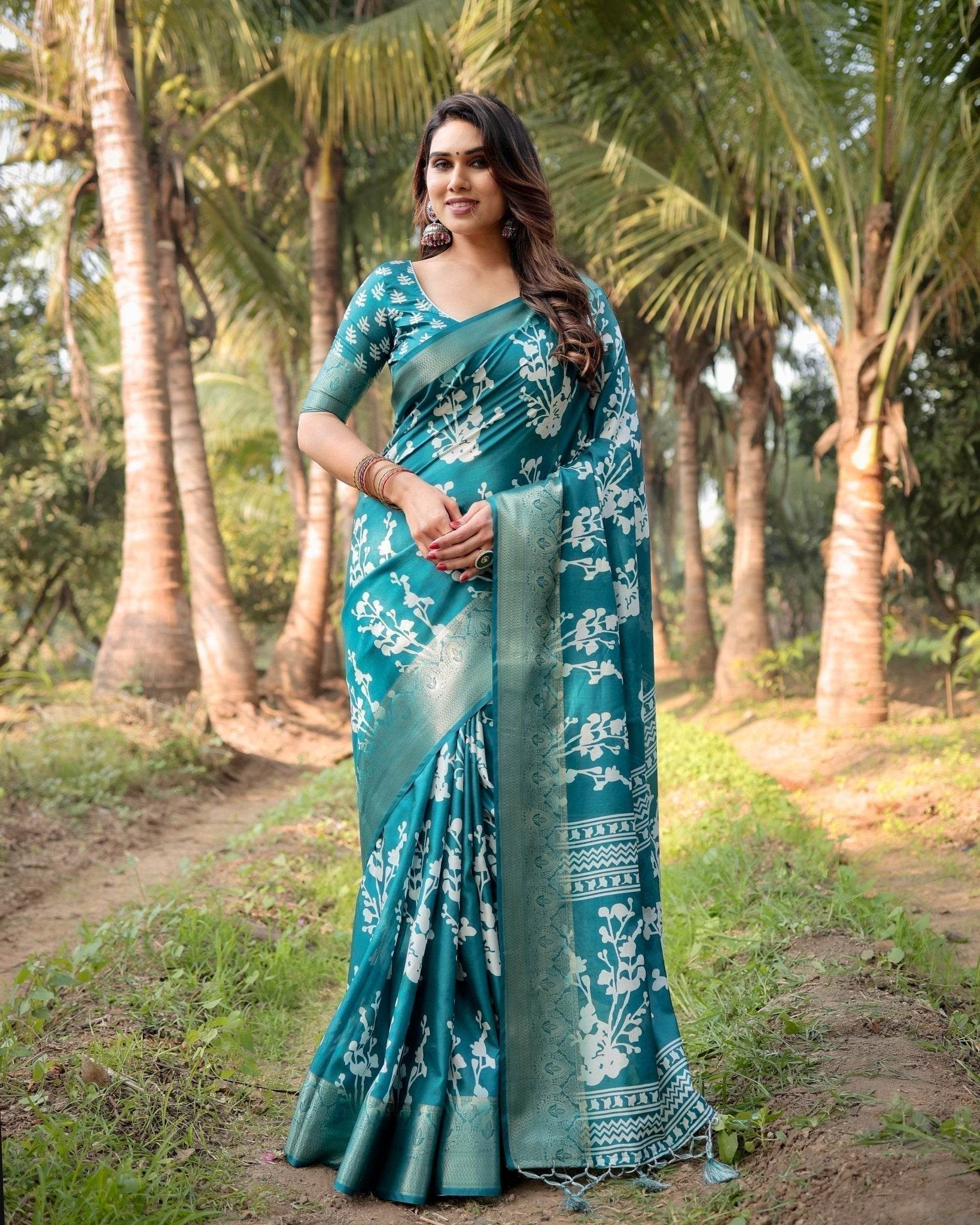 Teal Blue Tussar Silk Saree with White Floral Design, Gold Zari Border & Tassel Pallu - SEEANS
