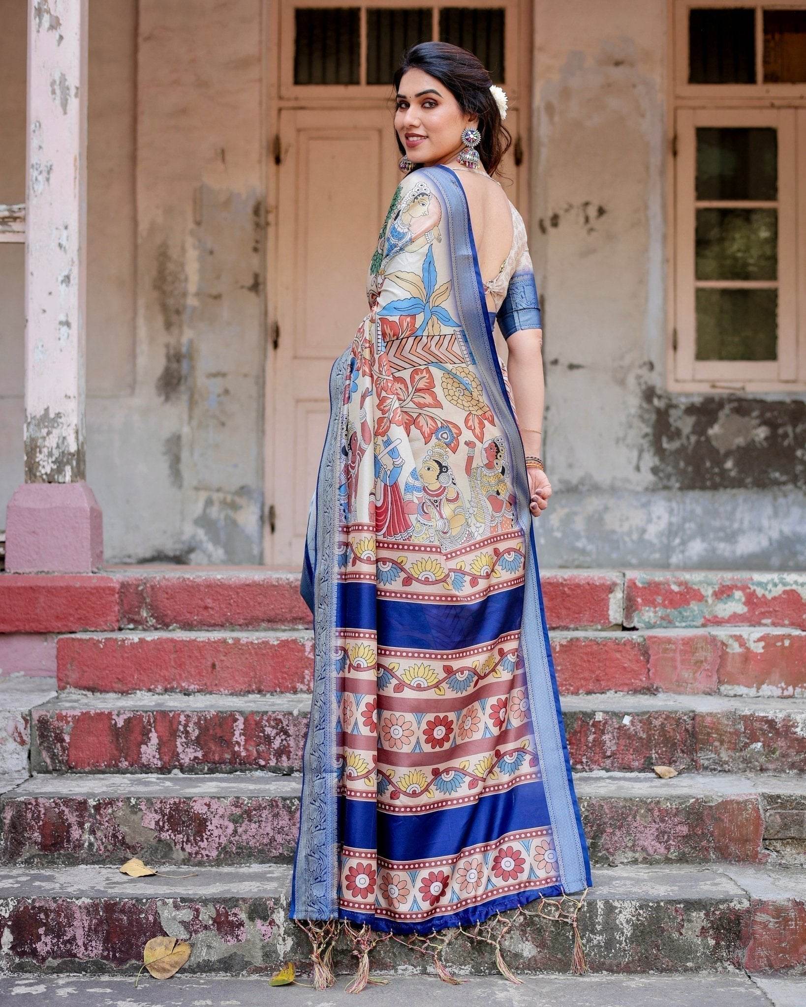 Multicolor Tussar Silk Saree with Artistic Floral Motifs and Traditional Blue Zari Border - SEEANS
