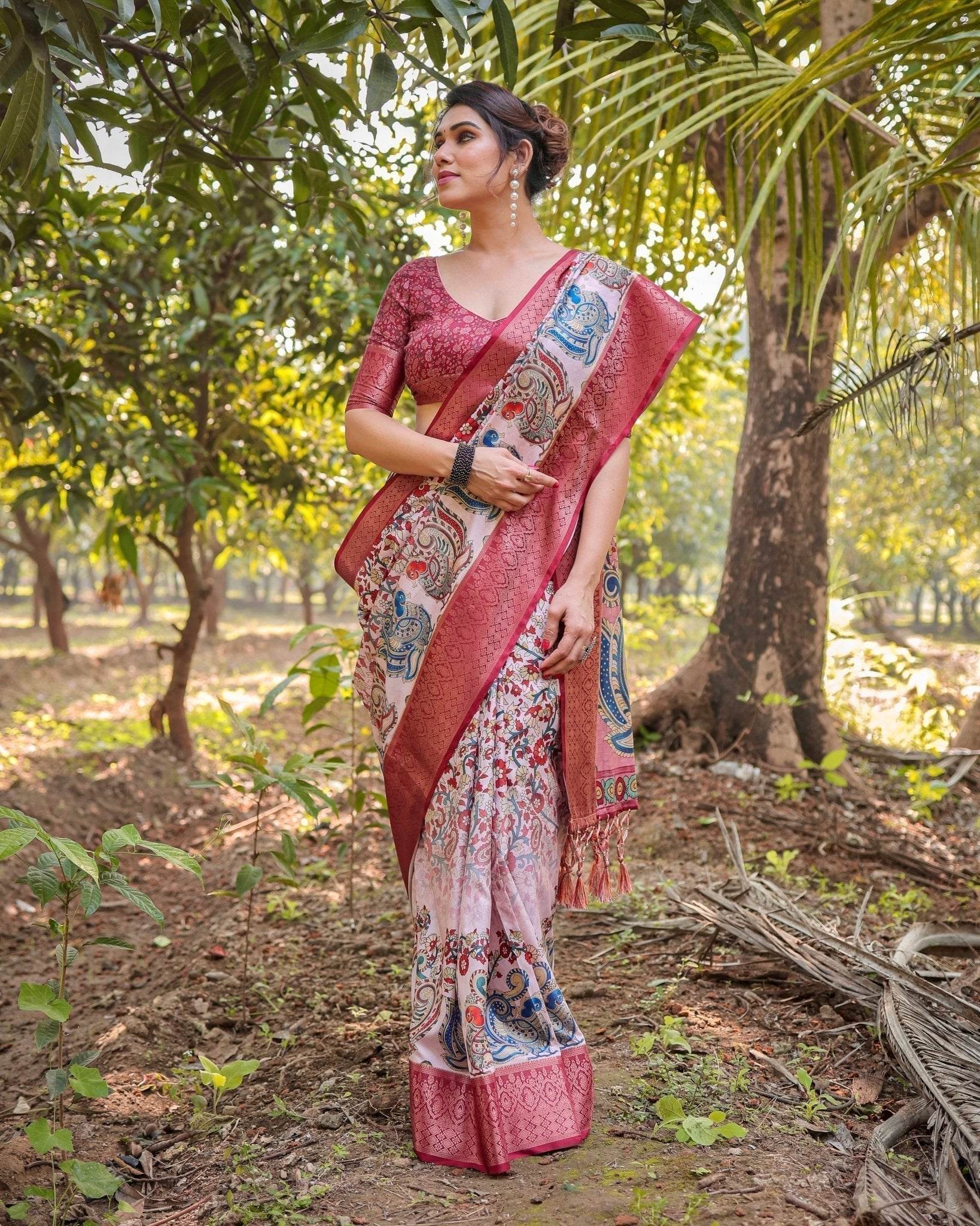 Blush Pink Digital Print Tussar Silk Saree with Zari Border and Peacock Motif Pallu - SEEANS