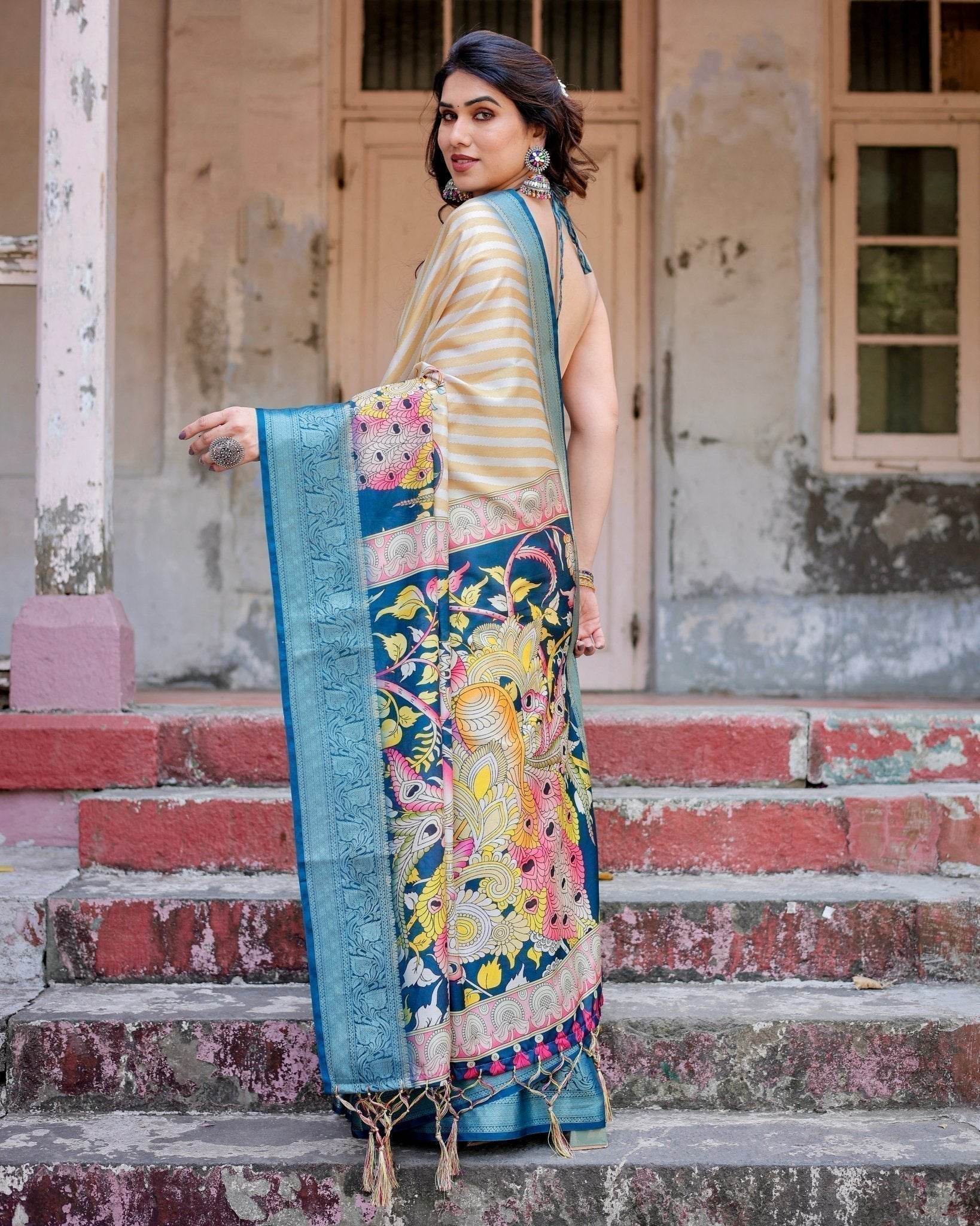 Beige & Teal Tussar Silk Saree with Intricate Kalamkari and Zari Border - SEEANS