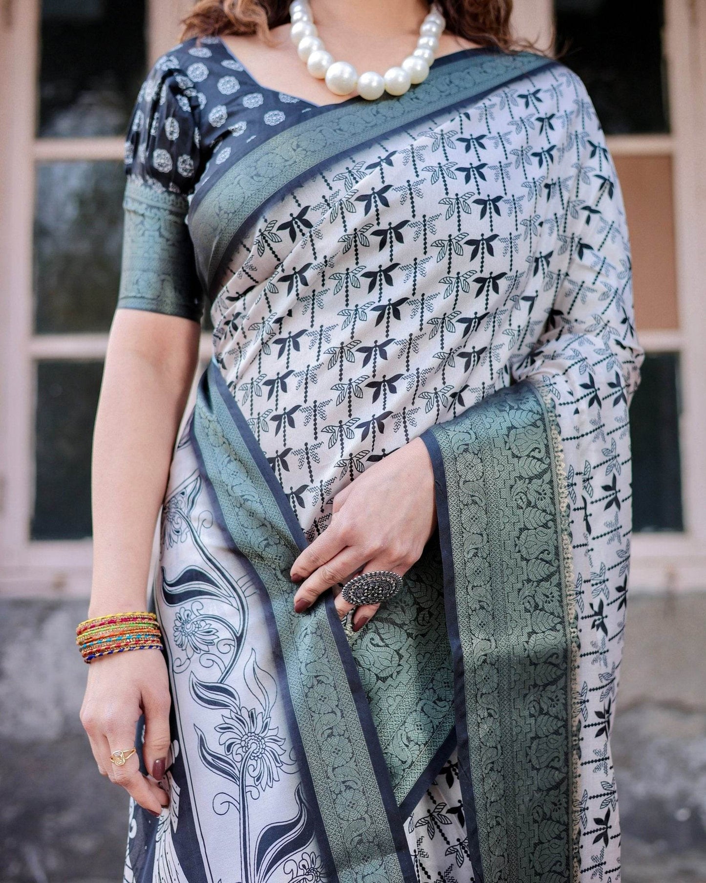 Monochrome White and Black Tussar Silk Saree with Tribal Art Motifs and Zari Border - SEEANS