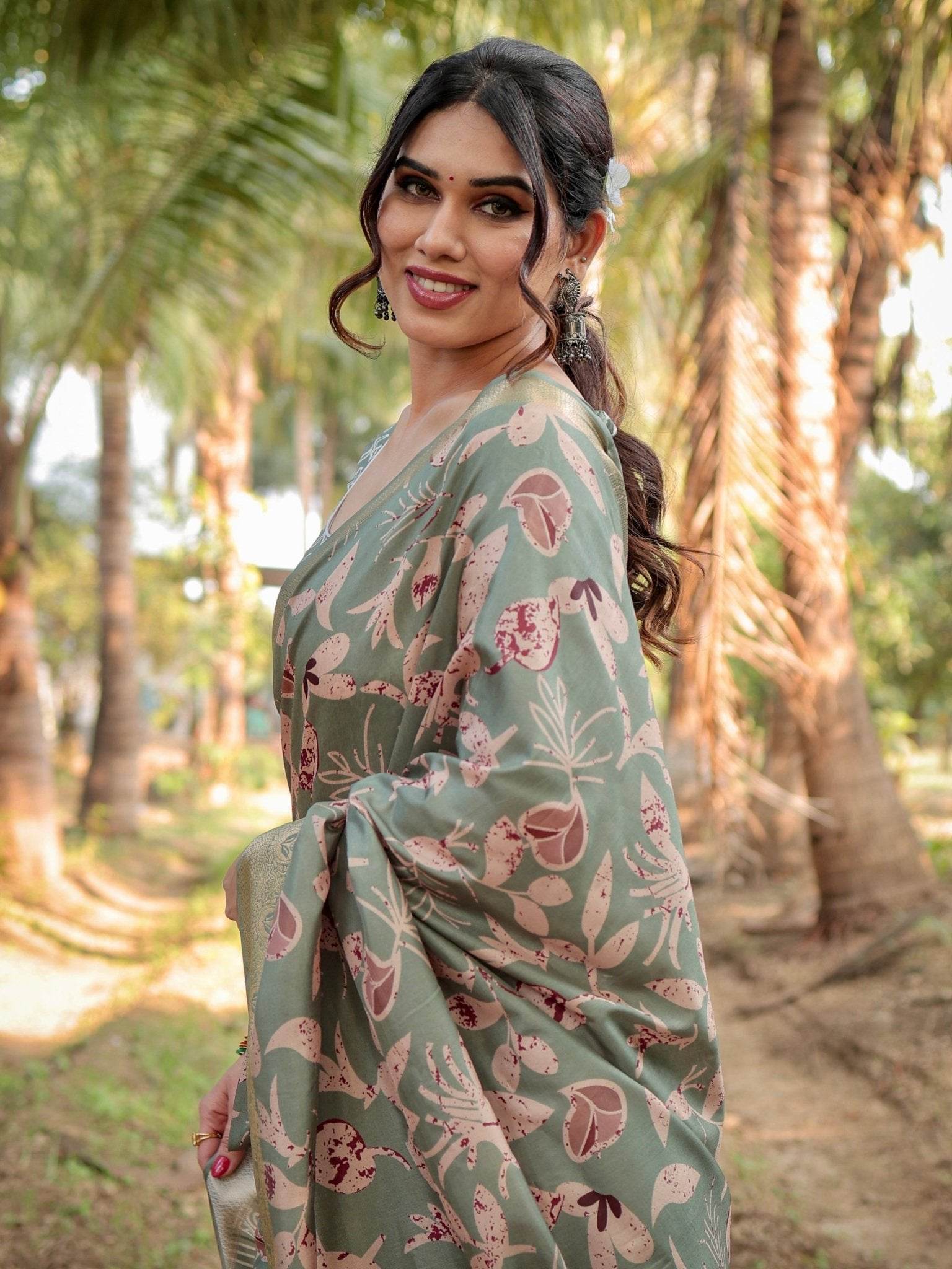 Graceful Olive Green Tussar Silk Saree with Intricate Beige and Maroon Botanical Print and Zari Border - SEEANS