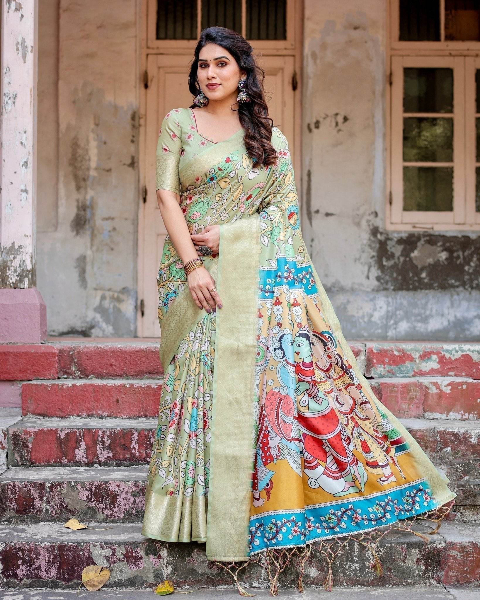 Pastel Green Tussar Silk Saree with Mythological Kalamkari Pallu and Zari Border - SEEANS