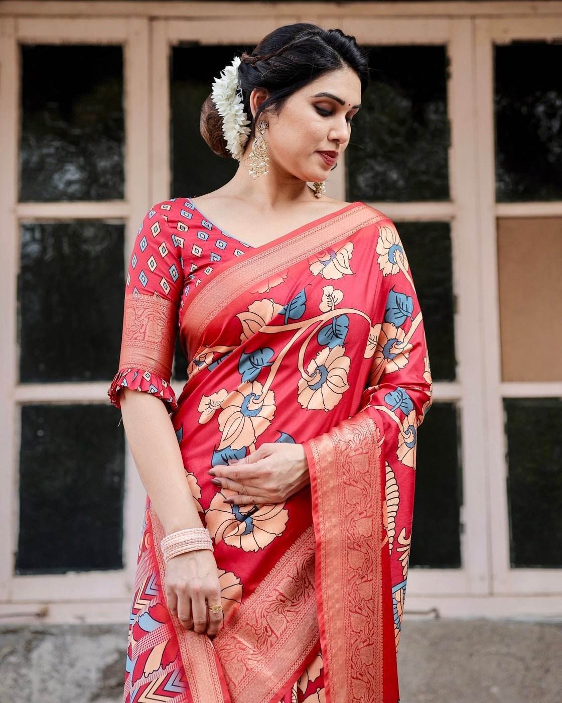 Vibrant Red Tussar Silk Saree with Bold Floral Motifs and Chevron Patterned Pallu - SEEANS