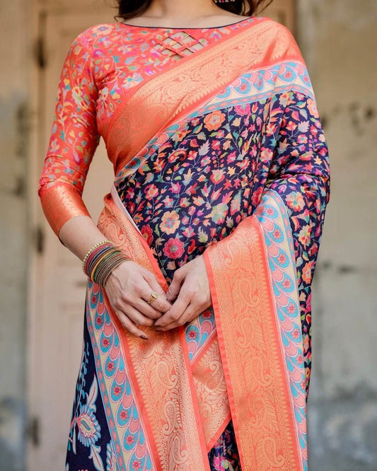 Navy Blue and Peach Tussar Silk Saree with Peacock Motifs and Floral Zari Border - SEEANS