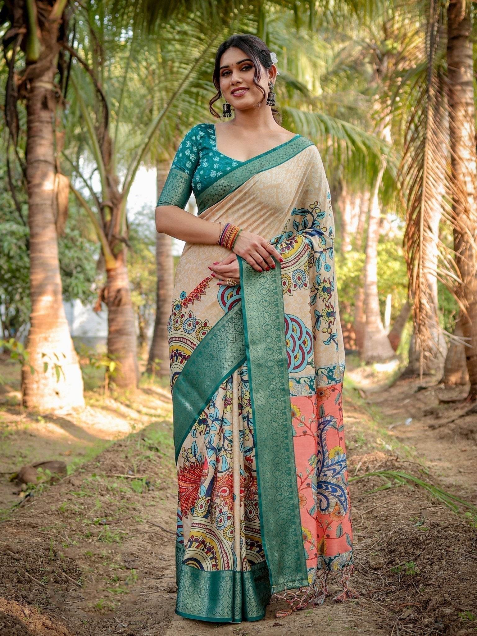 Elegant Tussar Silk Saree in Beige and Coral with Madhubani Pallu and Zari Accents - SEEANS