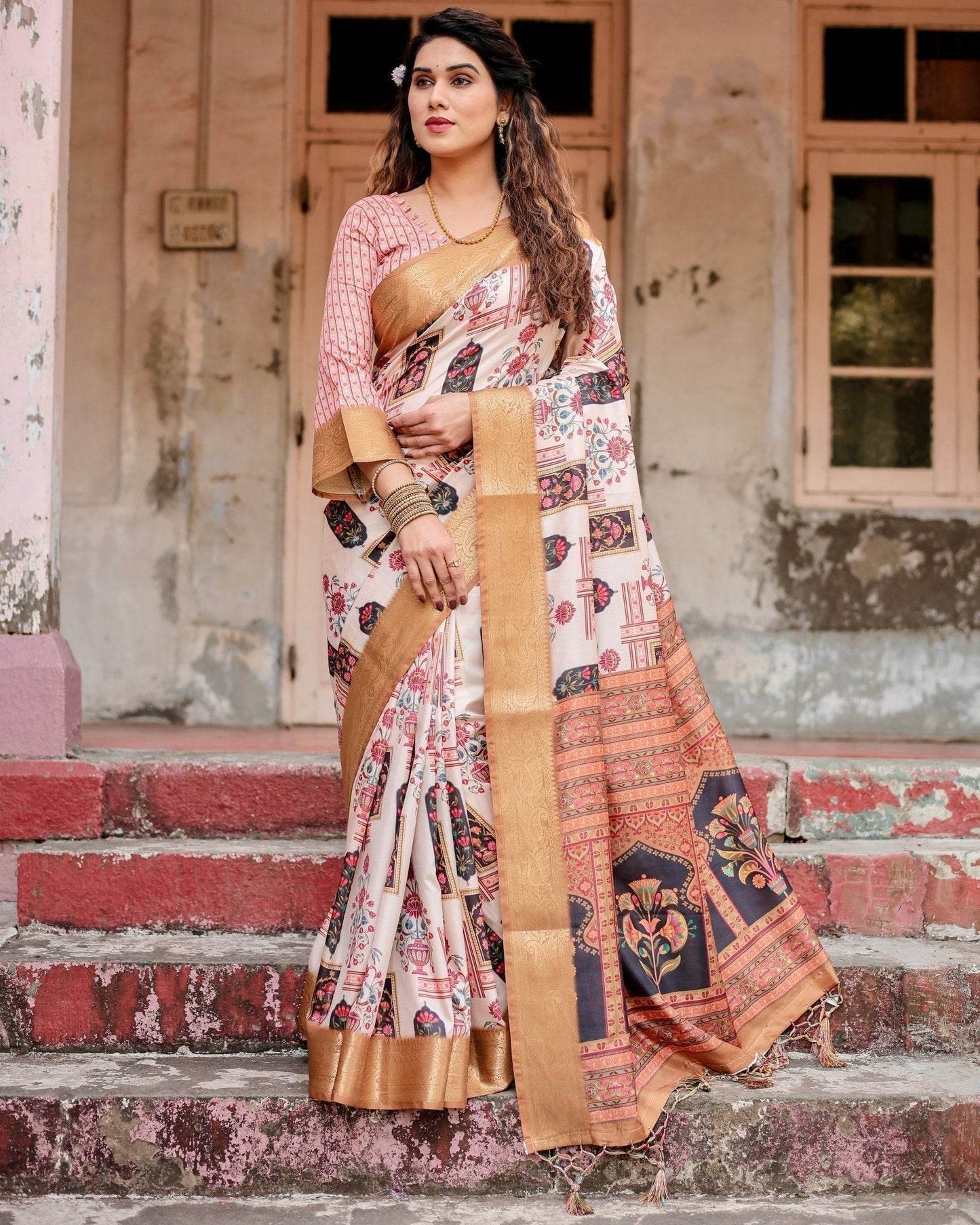 Ivory Tussar Silk Saree with Artistic Floral Motifs and Gleaming Golden Zari Border - SEEANS