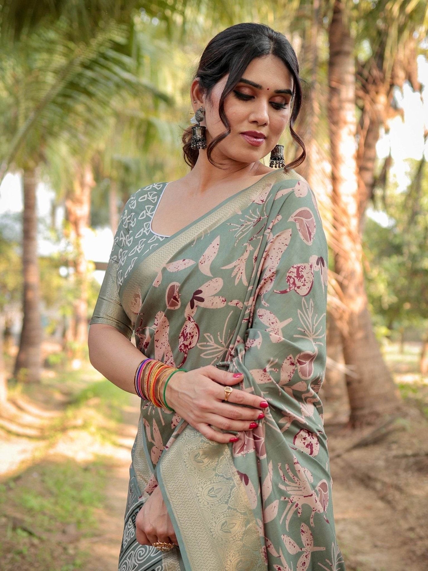 Graceful Olive Green Tussar Silk Saree with Intricate Beige and Maroon Botanical Print and Zari Border - SEEANS