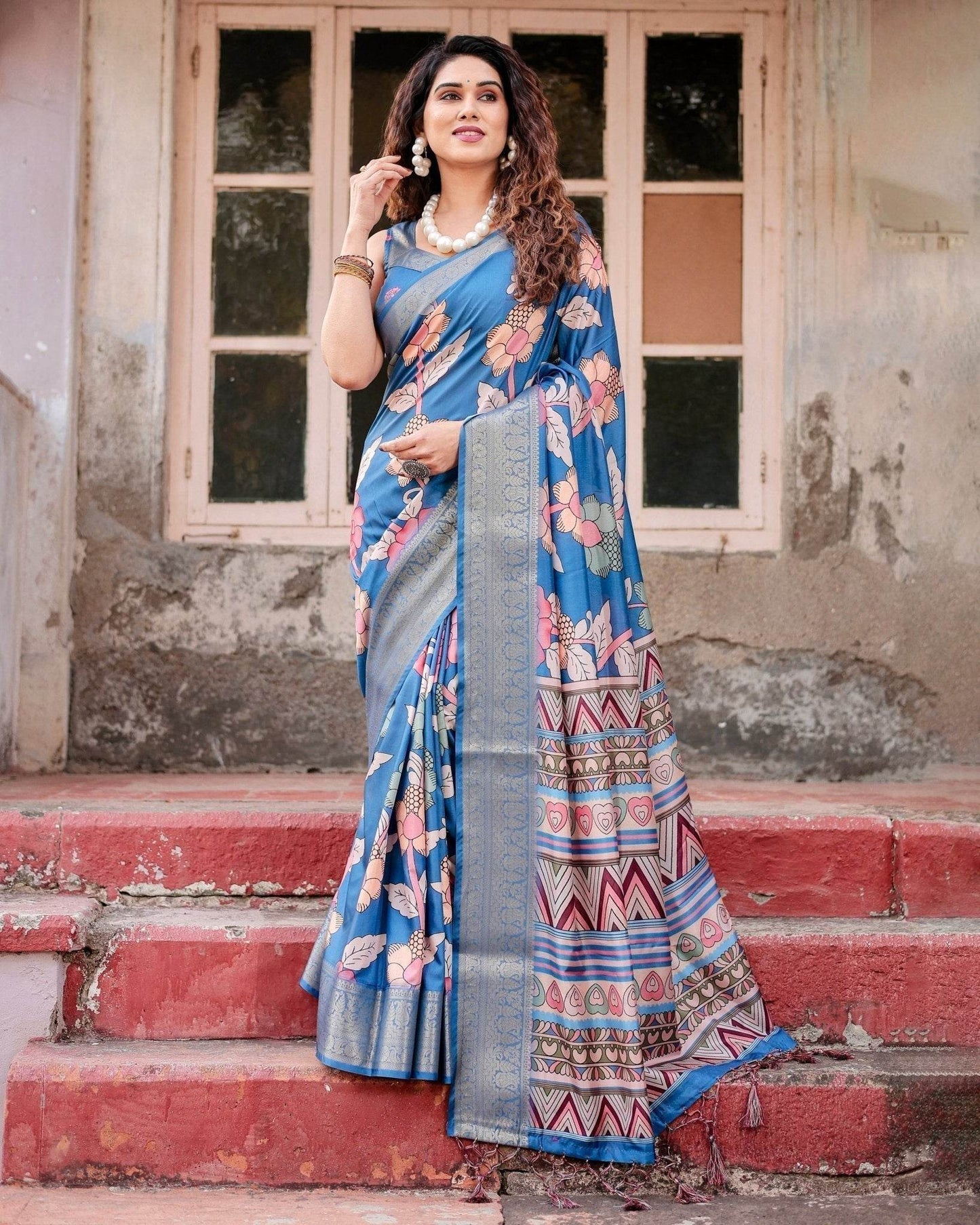 Sky Blue Tussar Silk Saree with Bold Floral Motifs and Chevron Pallu Design - SEEANS
