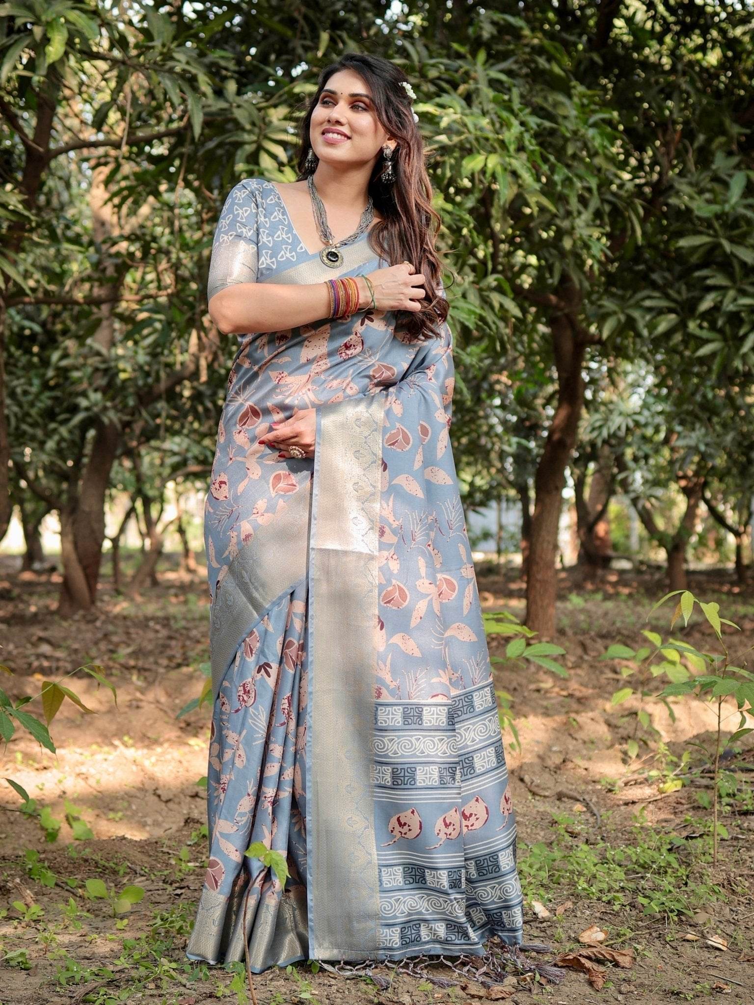 Stylish Sky Blue Tussar Silk Saree with Beige and Gold Zari Work and Contemporary Pallu Design - SEEANS