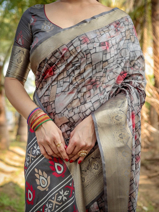 Stunning Grey Tussar Silk Saree with Golden Zari Border and Mosaic-Inspired Pallu Design - SEEANS