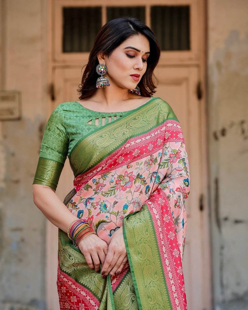 Blush Pink and Green Tussar Silk Saree with Floral Prints and Intricate Zari Work - SEEANS