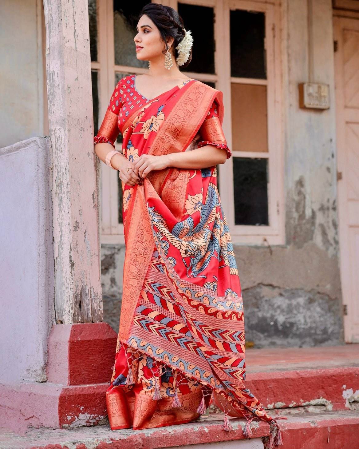 Vibrant Red Tussar Silk Saree with Bold Floral Motifs and Chevron Patterned Pallu - SEEANS