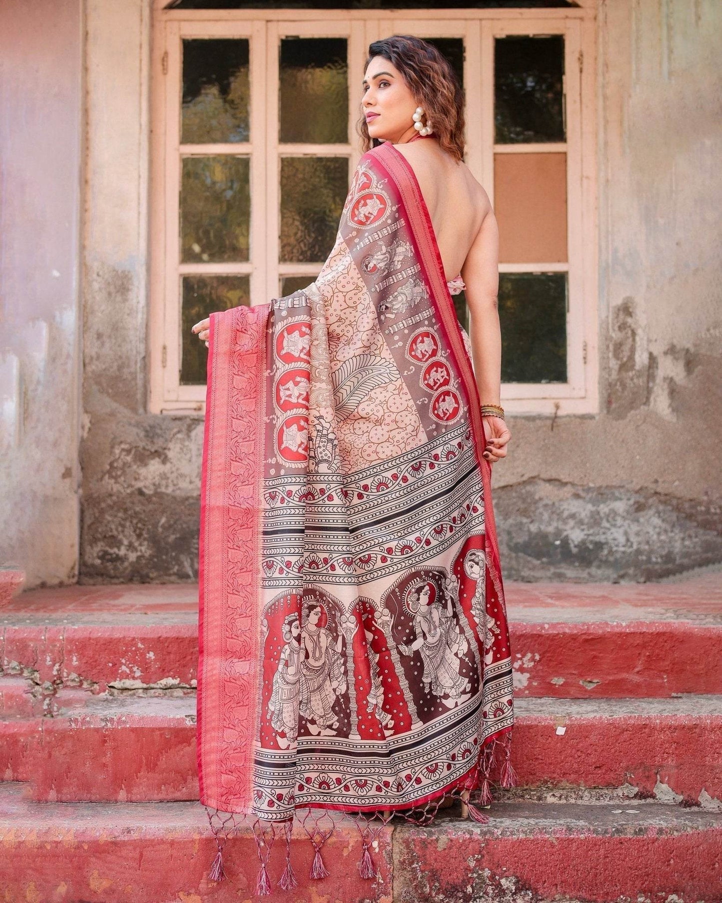 Beige and Red Tussar Silk Saree with Traditional Motifs and Ornamental Zari Border - SEEANS
