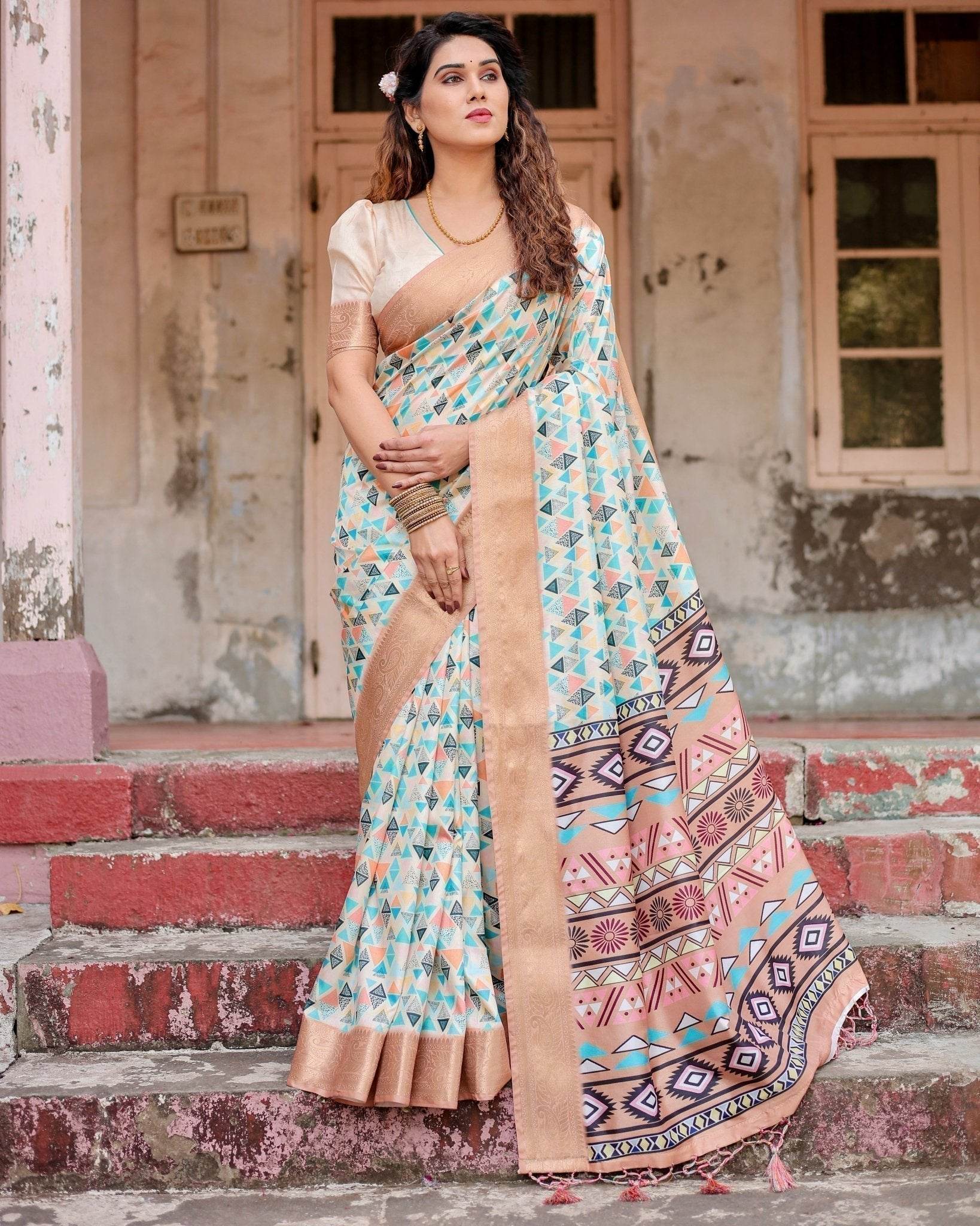 Contemporary Beige Tussar Silk Saree with Geometric Triangle Print and Golden Zari Border - SEEANS