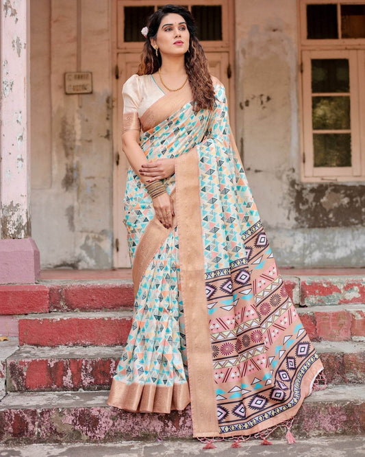 Contemporary Beige Tussar Silk Saree with Geometric Triangle Print and Golden Zari Border - SEEANS